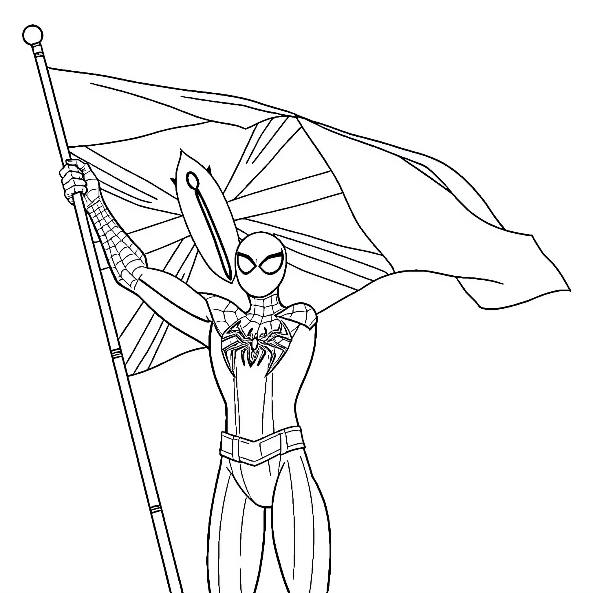 Spiderman triumphantly holding up flag Coloring Page (free black-and-white line drawing printable PDF for all, from beginners to advanced learners, including children, teens, adults, and seniors)