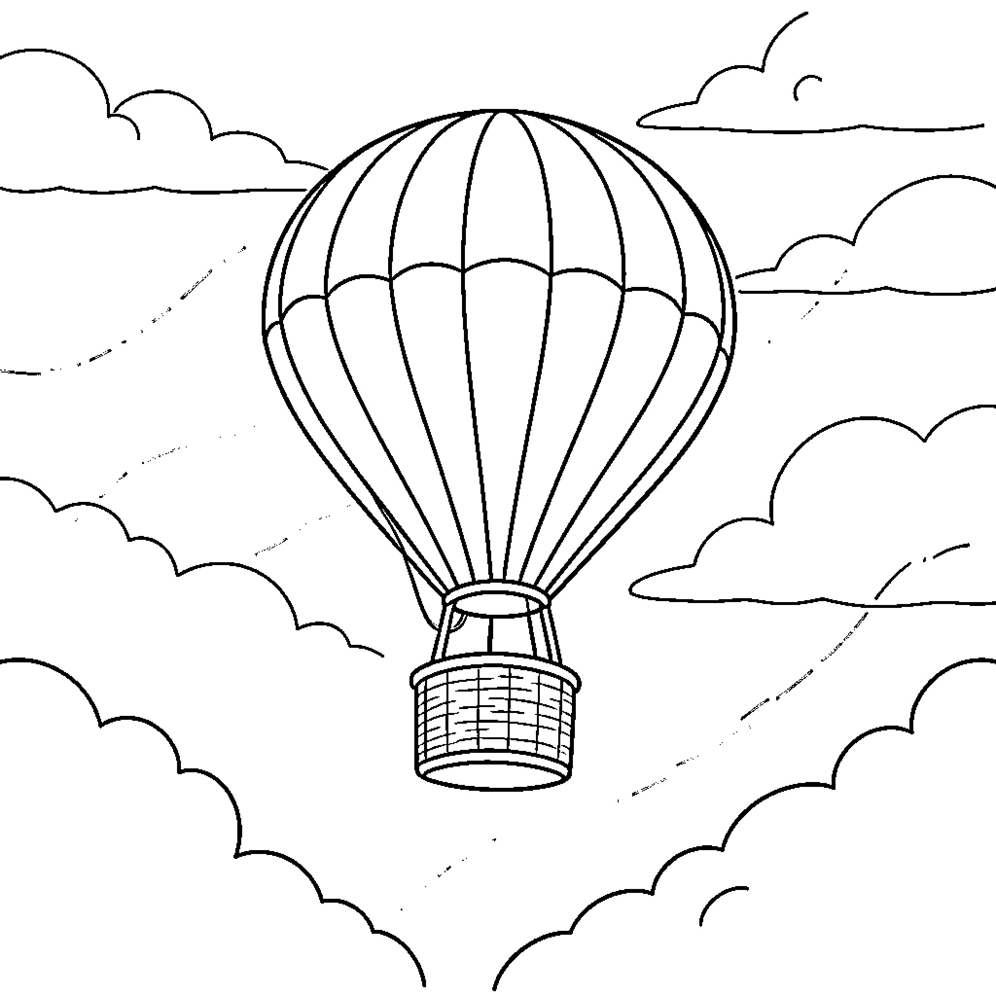 منطاد يطير بهدوء بين السحب في السماء Coloring Page (free black-and-white line drawing printable PDF for all, from beginners to advanced learners, including children, teens, adults, and seniors)