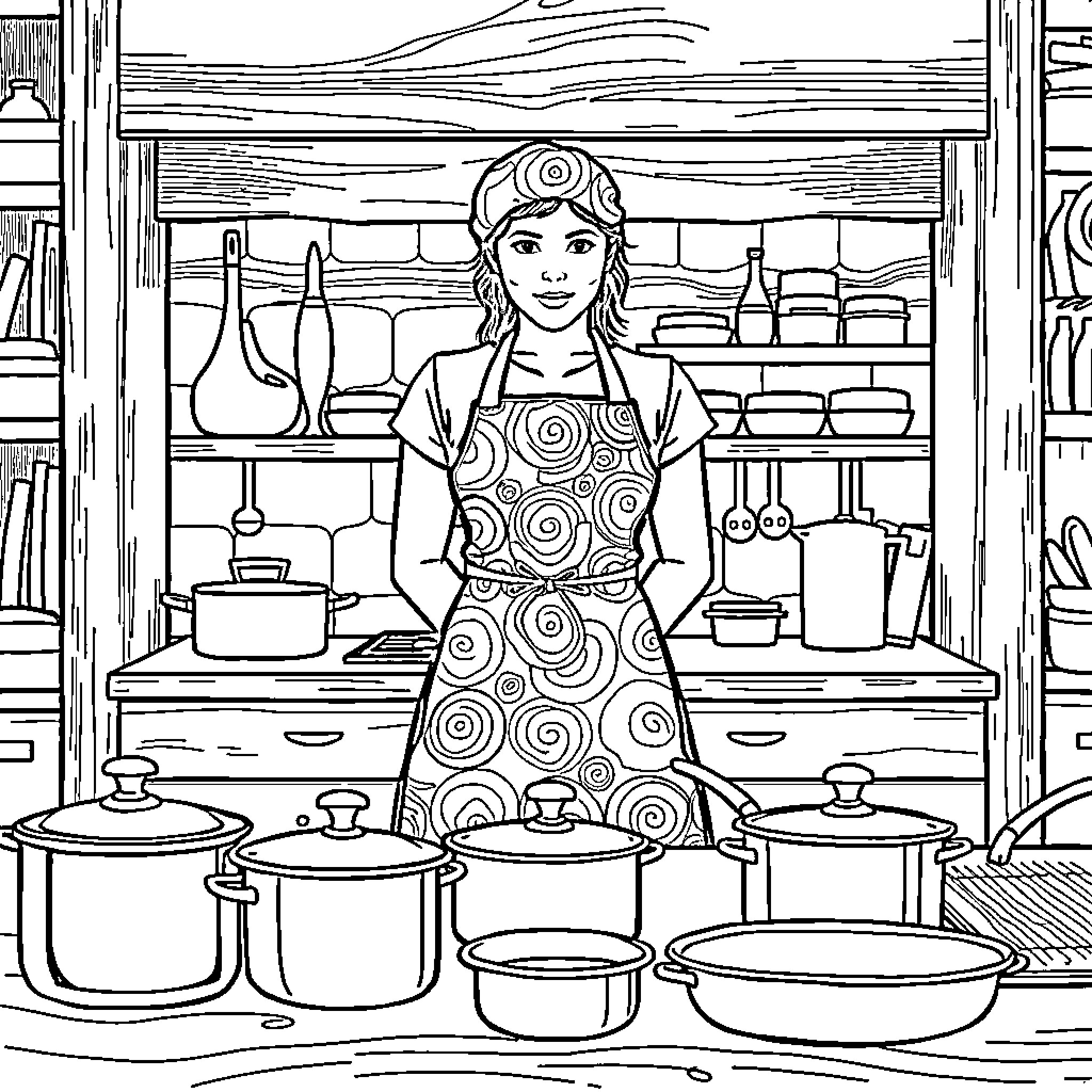 Woman cooking in a rustic kitchen Coloring Page (free black-and-white line drawing printable PDF for all, from beginners to advanced learners, including children, teens, adults, and seniors)