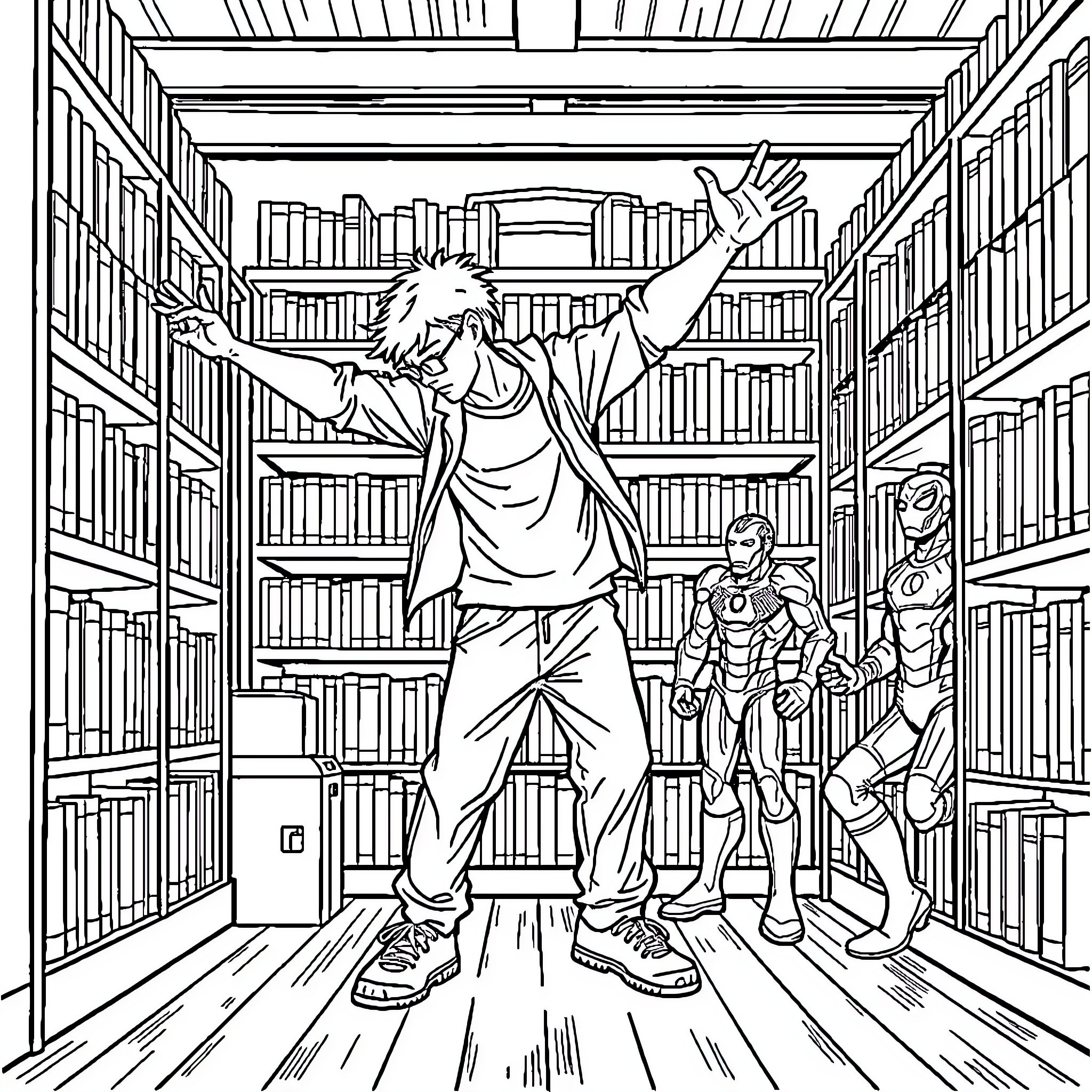 Break Dancer Performing in Futuristic Library Coloring Page (free black-and-white line drawing printable PDF for all, from beginners to advanced learners, including children, teens, adults, and seniors)