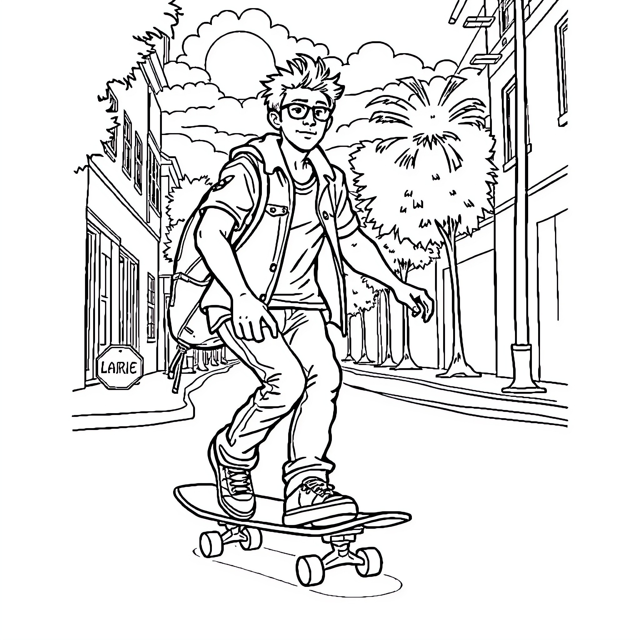 Jean Marie Le Pen skateboarding through town Coloring Page (free black-and-white line drawing printable PDF for all, from beginners to advanced learners, including children, teens, adults, and seniors)