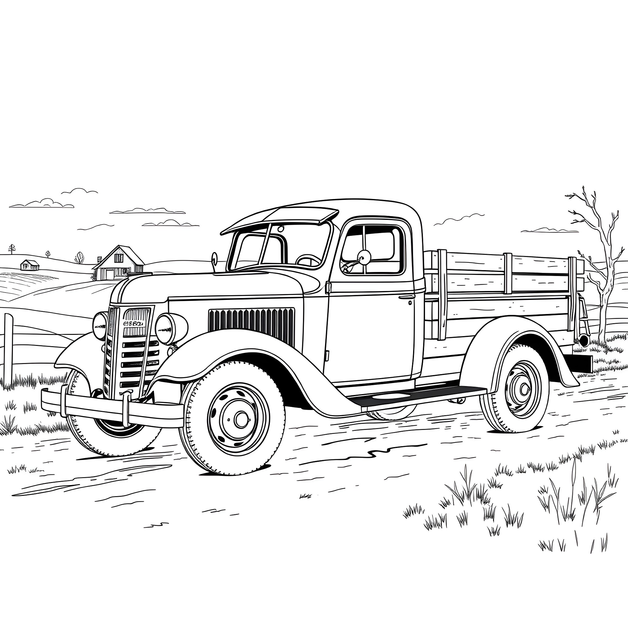 Truck on a rural road near buildings Coloring Page (free black-and-white line drawing printable PDF for all, from beginners to advanced learners, including children, teens, adults, and seniors)