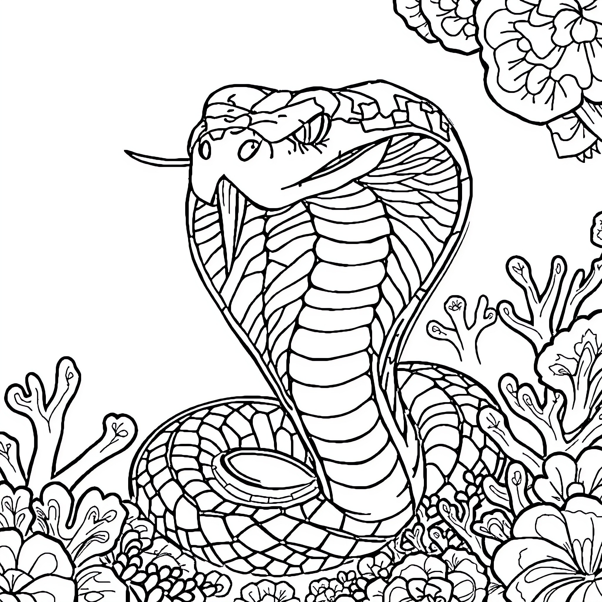 Cobra coiled in nature's embrace Coloring Page (free black-and-white line drawing printable PDF for all, from beginners to advanced learners, including children, teens, adults, and seniors)