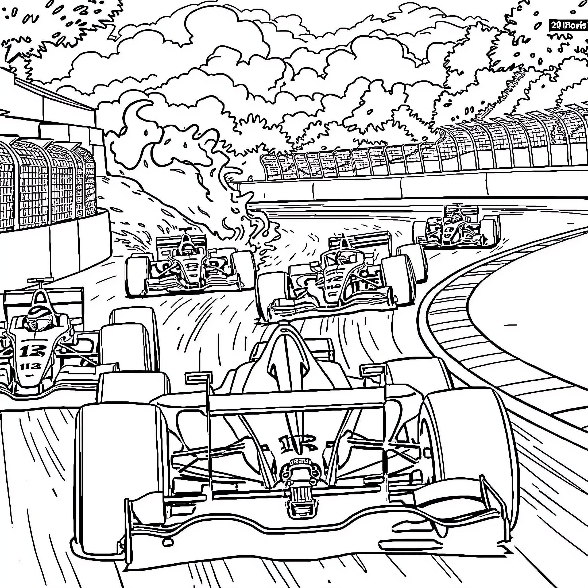 Formula 1 Race Cars in Action on the Track Coloring Page (free black-and-white line drawing printable PDF for all, from beginners to advanced learners, including children, teens, adults, and seniors)