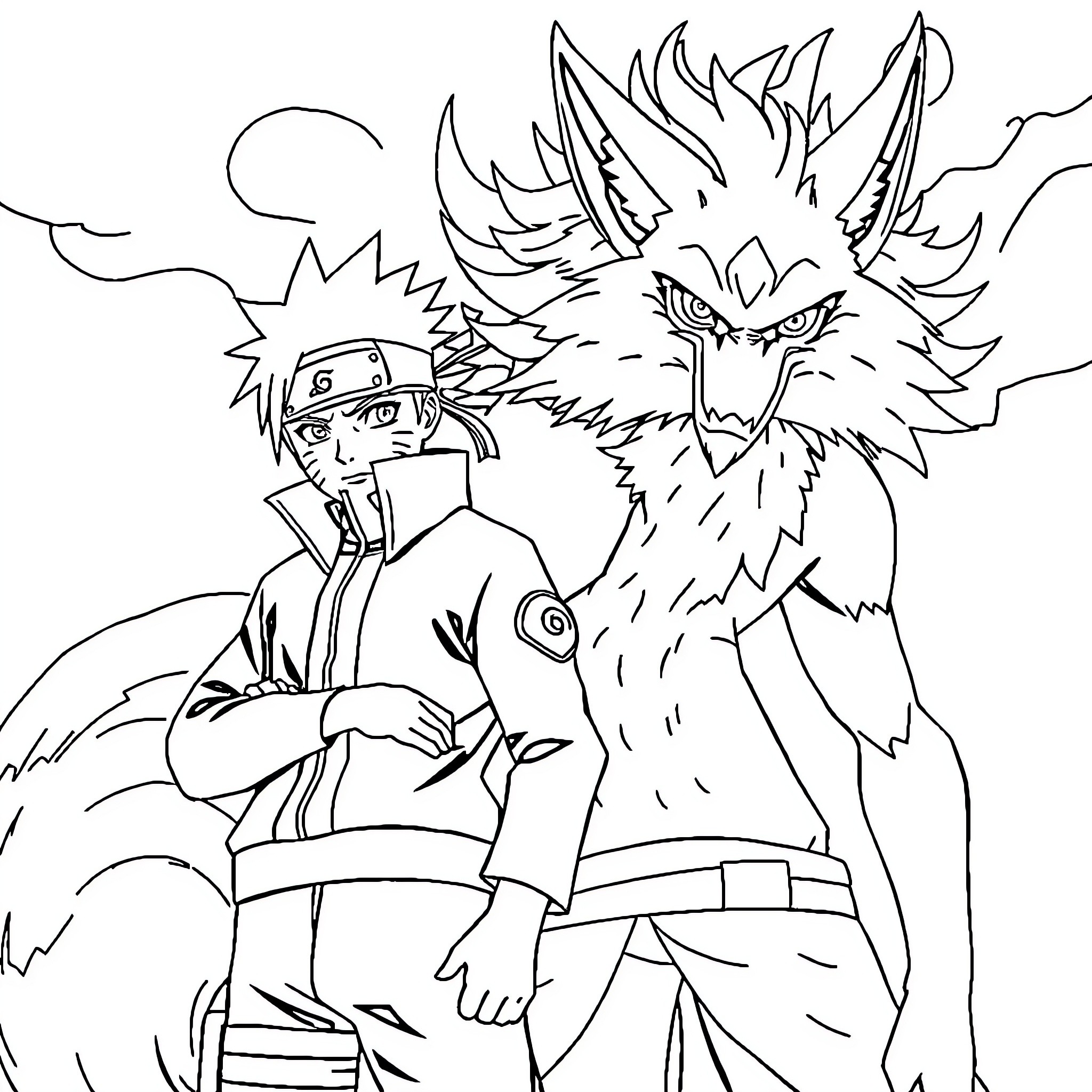 Naruto and Kurama Facing Adversity Together Coloring Page (free black-and-white line drawing printable PDF for all, from beginners to advanced learners, including children, teens, adults, and seniors)