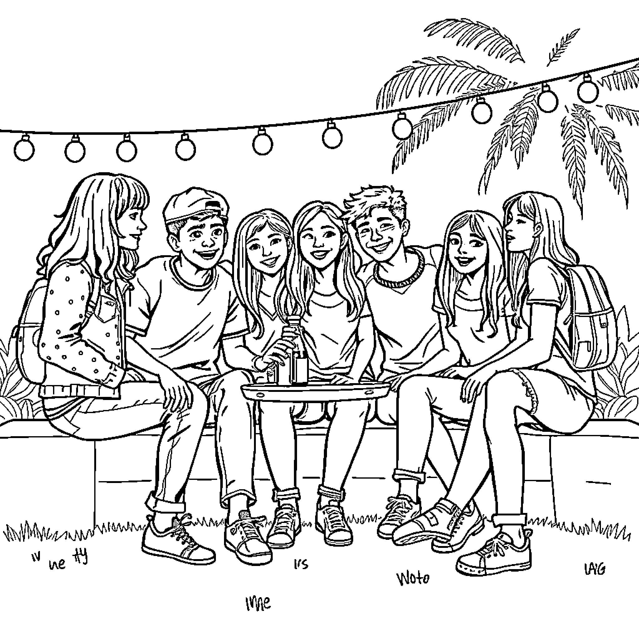 Gang of friends enjoying a casual gathering Coloring Page (free black-and-white line drawing printable PDF for all, from beginners to advanced learners, including children, teens, adults, and seniors)