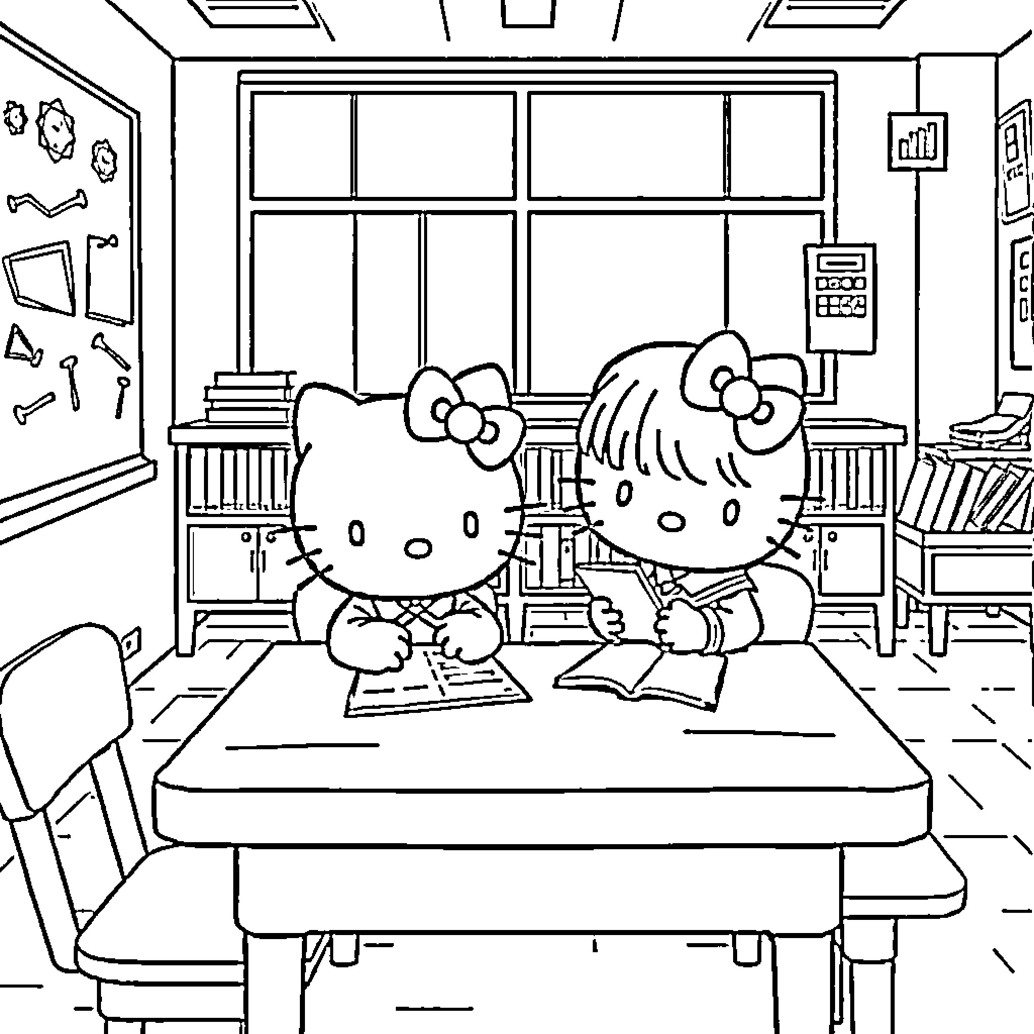 Hello Kitty learning with a friend in the classroom Coloring Page (free black-and-white line drawing printable PDF for all, from beginners to advanced learners, including children, teens, adults, and seniors)