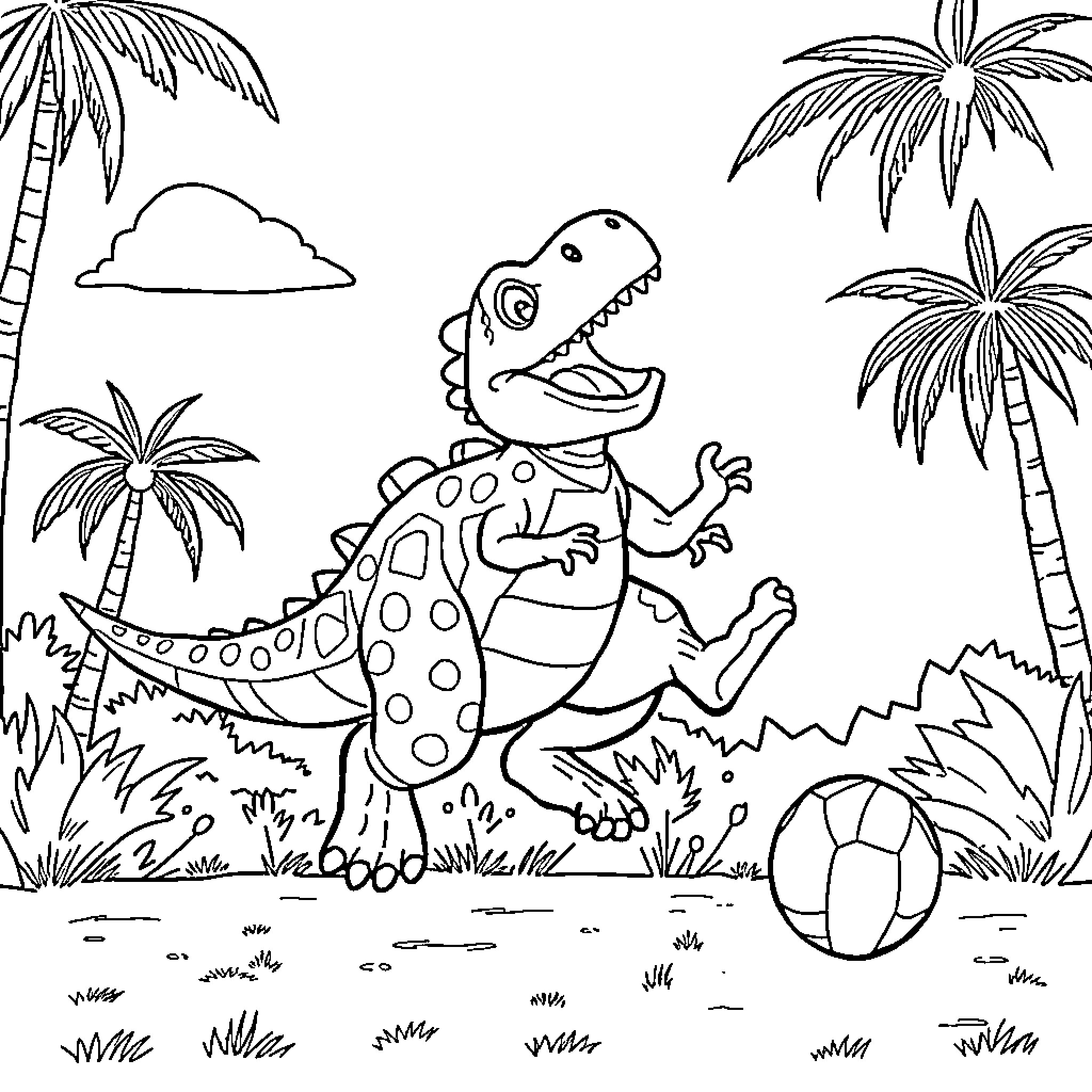 Dinosaur having fun in tropical paradise Coloring Page (free black-and-white line drawing printable PDF for all, from beginners to advanced learners, including children, teens, adults, and seniors)