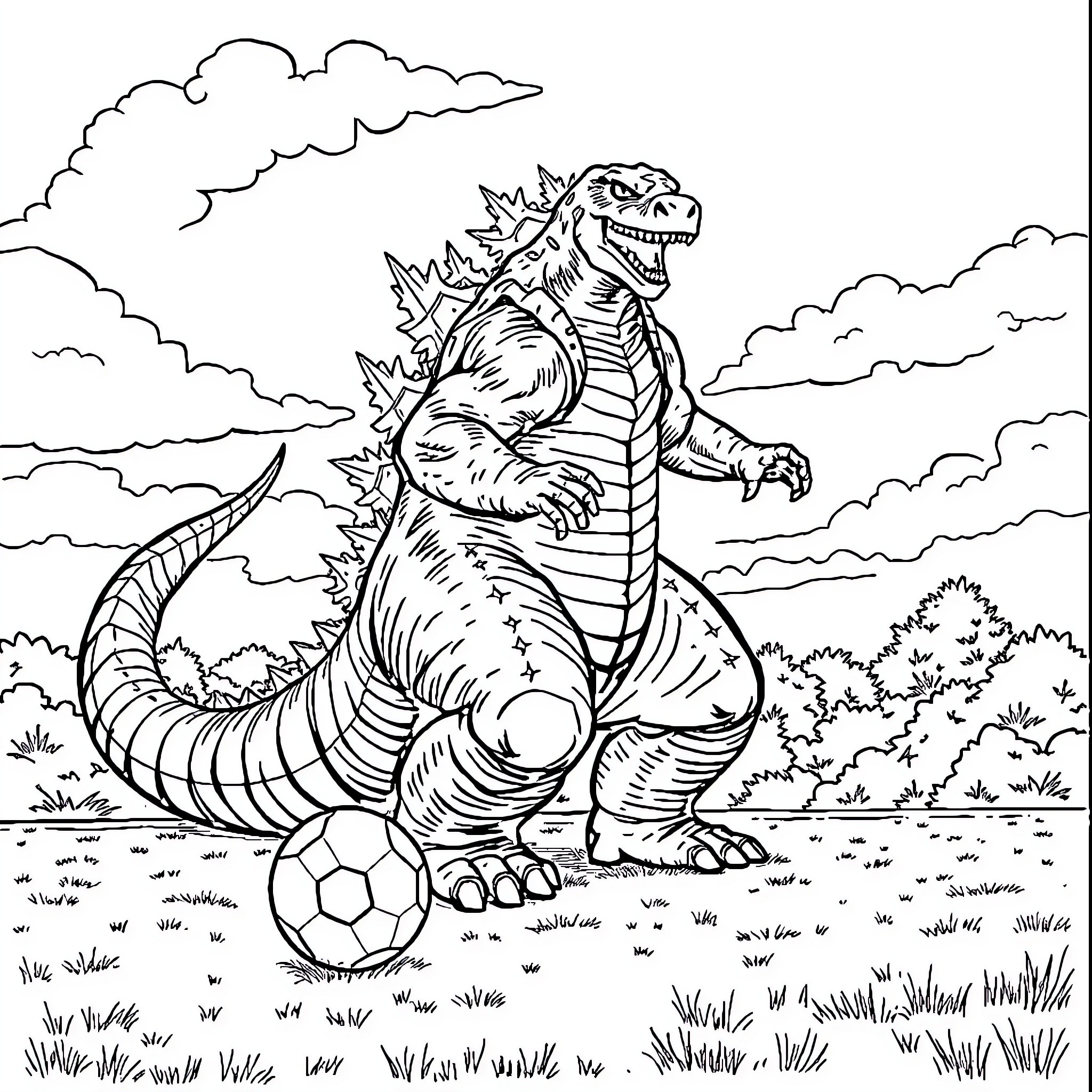 Godzilla playing soccer in the wilderness Coloring Page (free black-and-white line drawing printable PDF for all, from beginners to advanced learners, including children, teens, adults, and seniors)