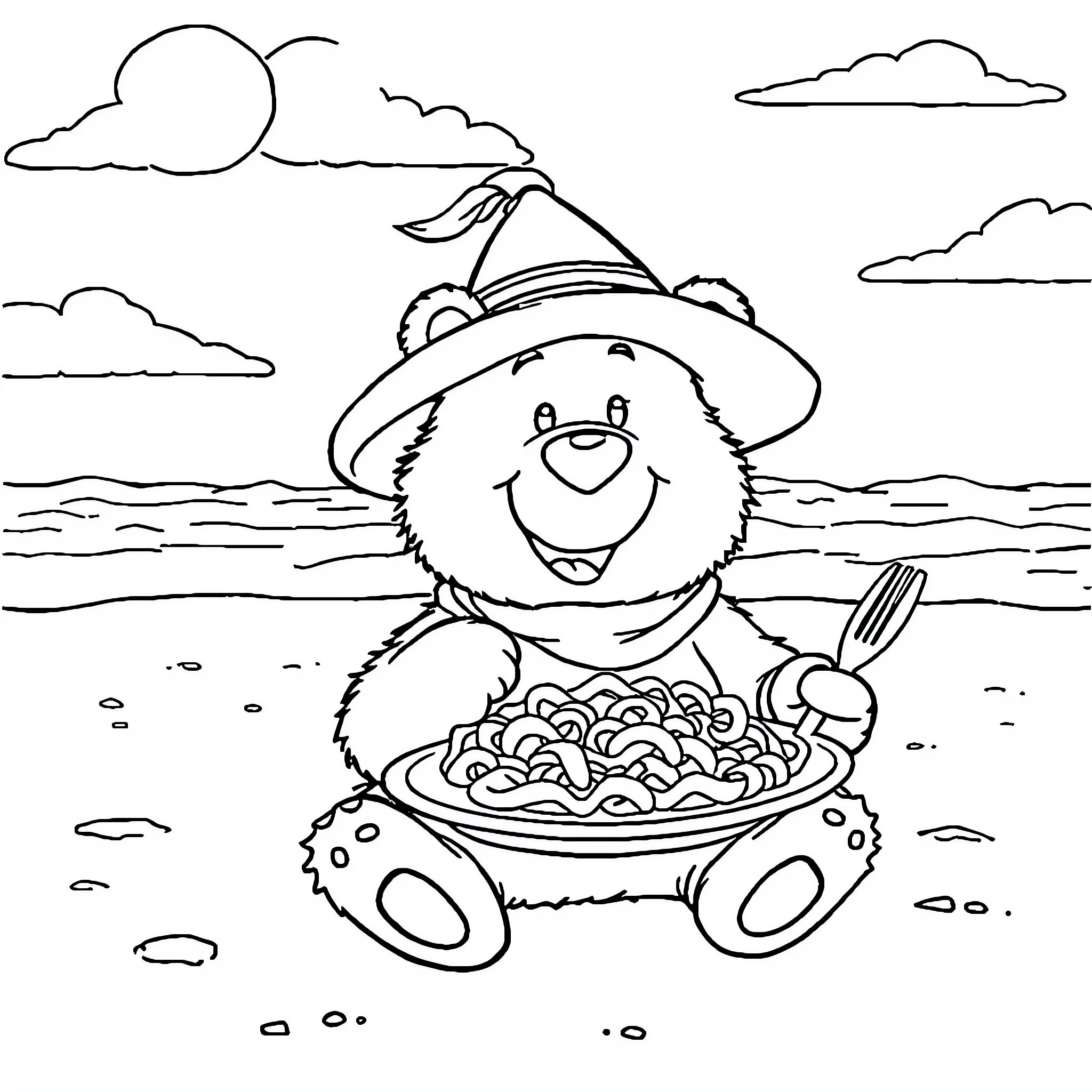 Berenstain Bear enjoying a meal on the beach Coloring Page (free black-and-white line drawing printable PDF for all, from beginners to advanced learners, including children, teens, adults, and seniors)
