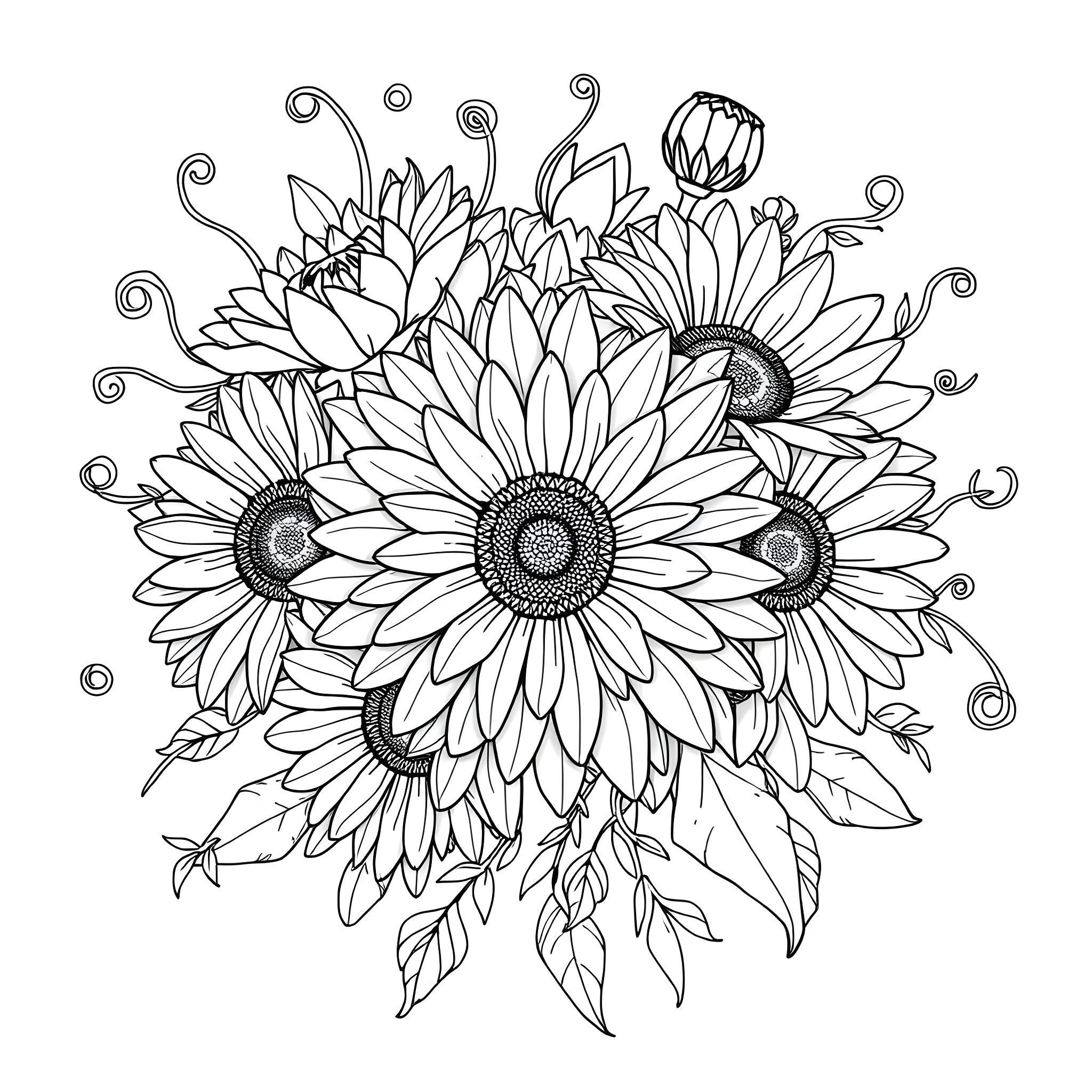 Daisy flowers blooming in a field Coloring Page (free black-and-white line drawing printable PDF for all, from beginners to advanced learners, including children, teens, adults, and seniors)