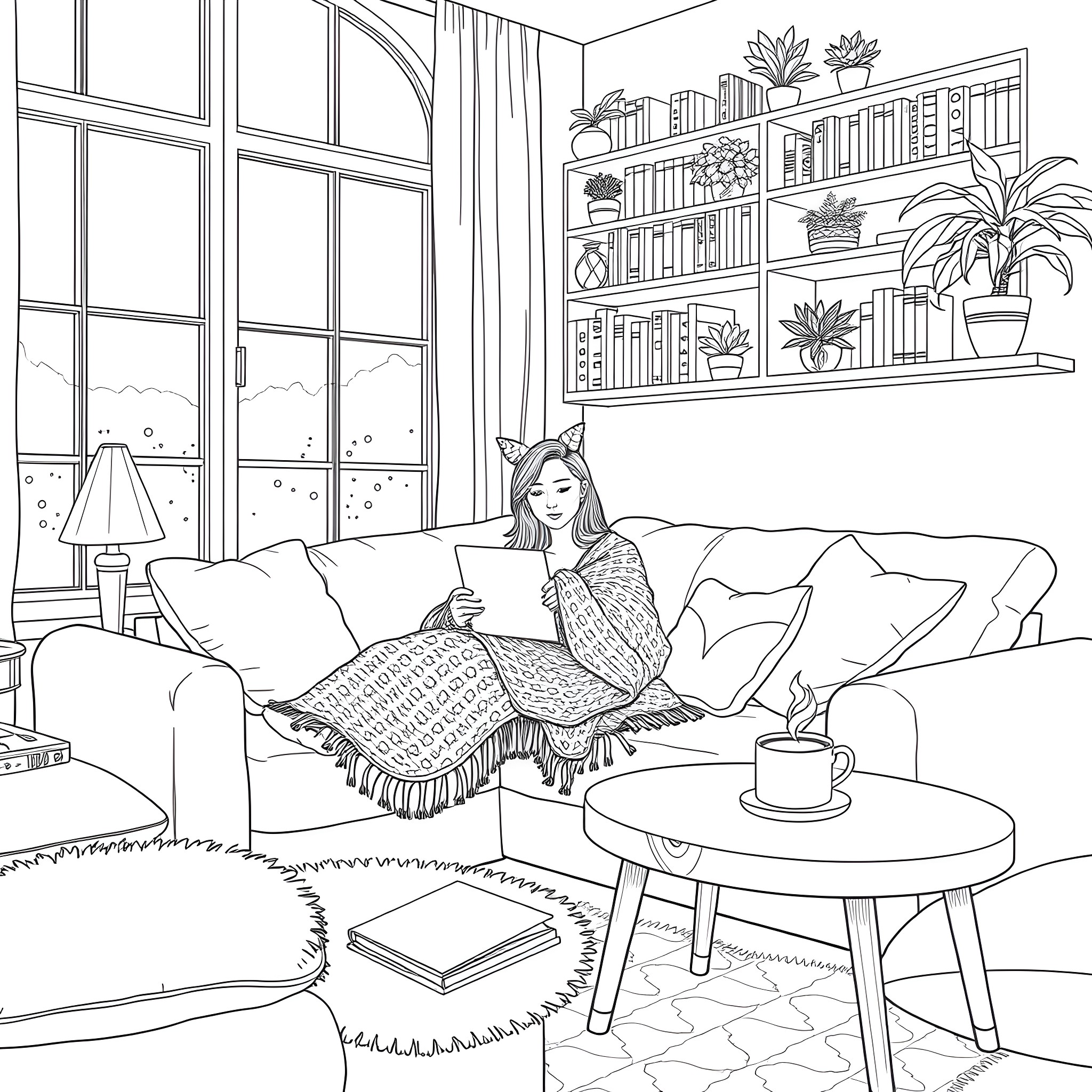 Woman relaxing comfortably on the couch with a book Coloring Page (free black-and-white line drawing printable PDF for all, from beginners to advanced learners, including children, teens, adults, and seniors)