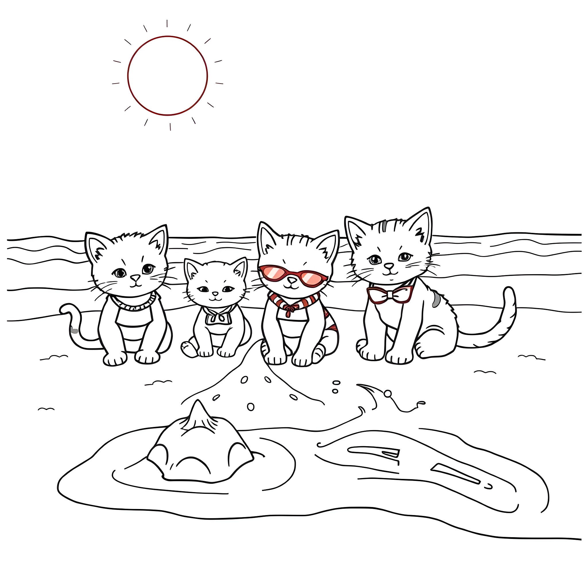 Kitty cats enjoying a sunny day at the beach Coloring Page (free black-and-white line drawing printable PDF for all, from beginners to advanced learners, including children, teens, adults, and seniors)