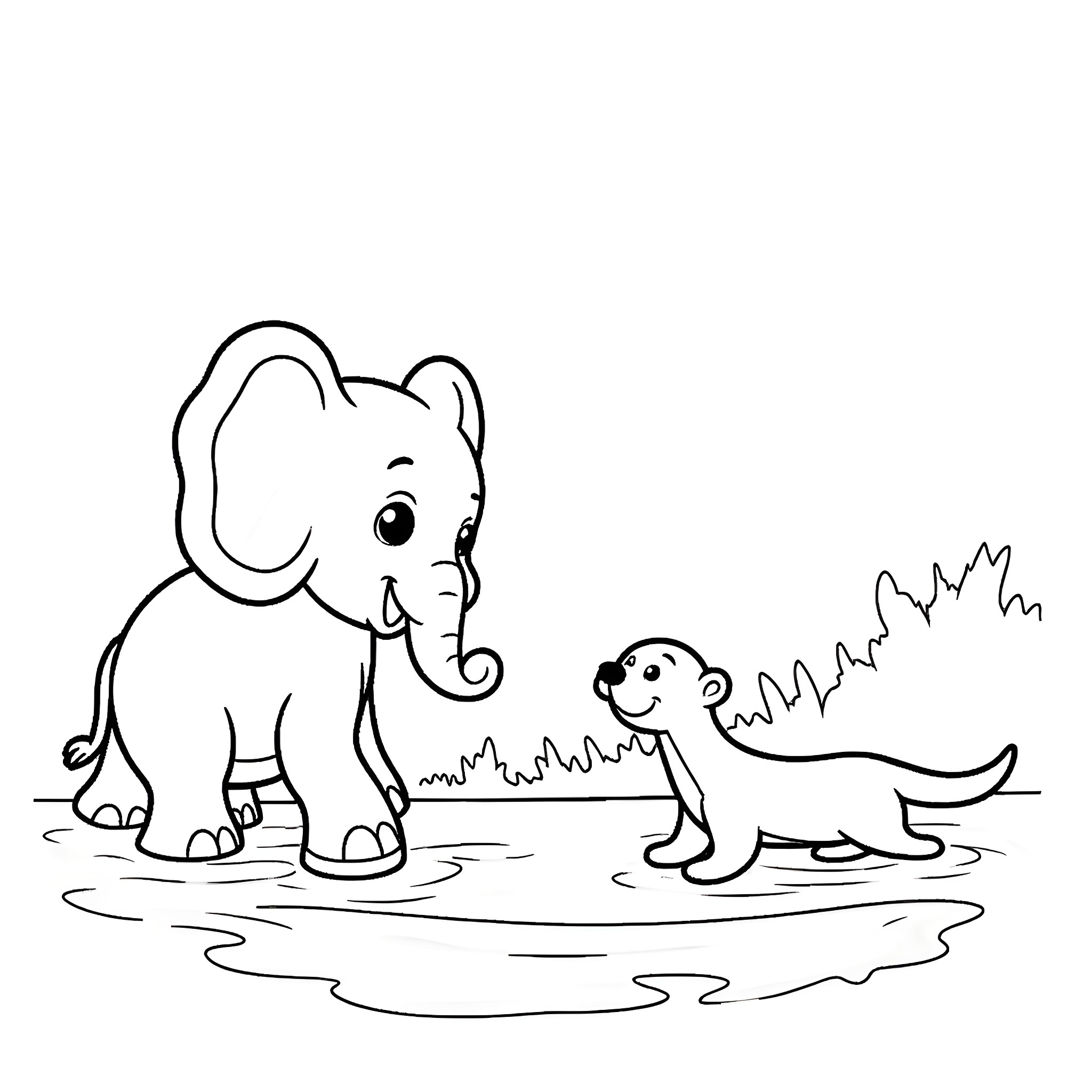 Elephant and dog playing in the wilderness Coloring Page (free black-and-white line drawing printable PDF for all, from beginners to advanced learners, including children, teens, adults, and seniors)