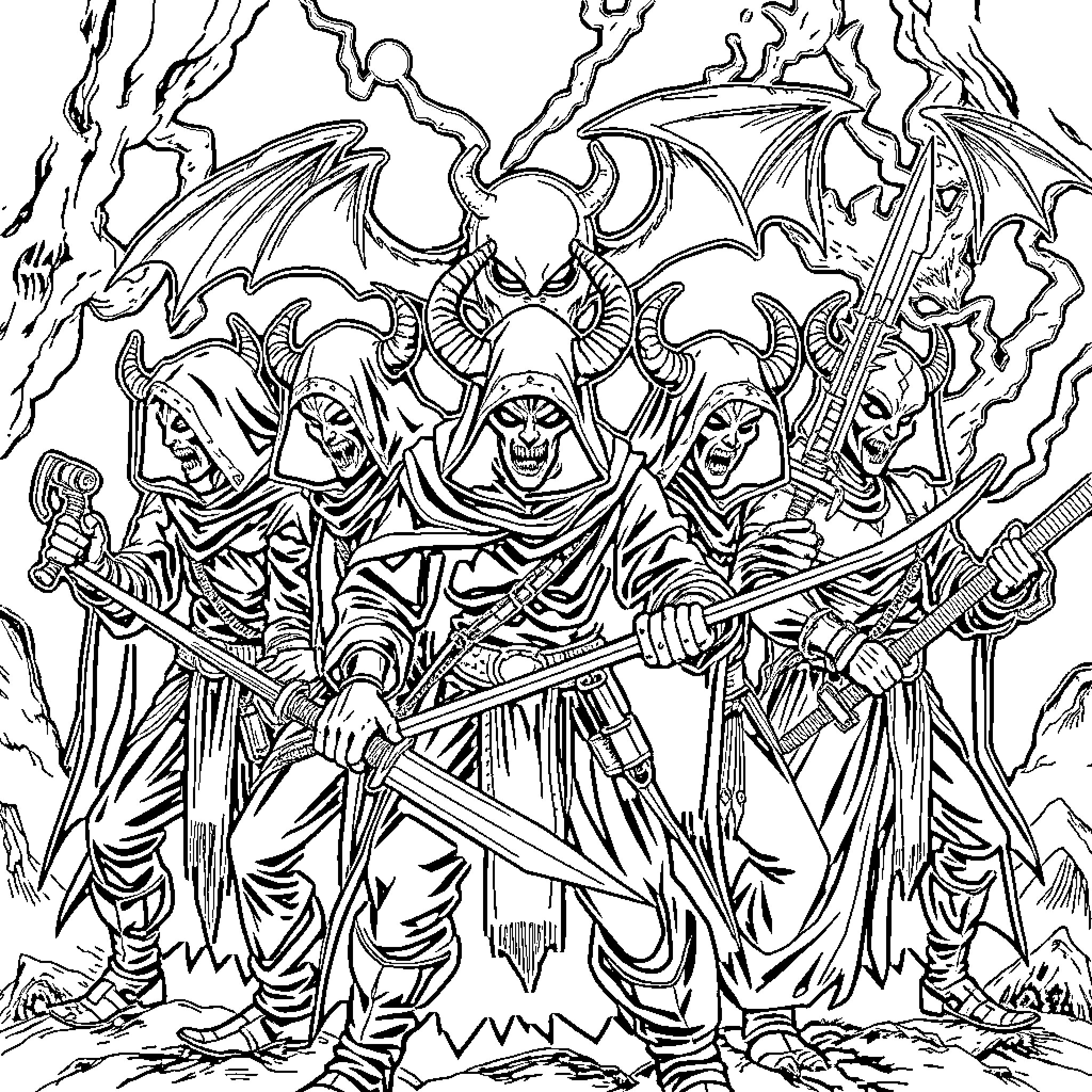 Demon Hunter Engaging Fearsome Dark Creatures Coloring Page (free black-and-white line drawing printable PDF for all, from beginners to advanced learners, including children, teens, adults, and seniors)