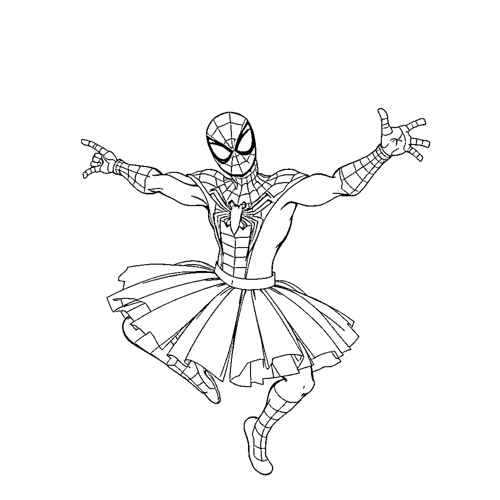 Spiderman performing a dance routine Coloring Page (free black-and-white line drawing printable PDF for all, from beginners to advanced learners, including children, teens, adults, and seniors)