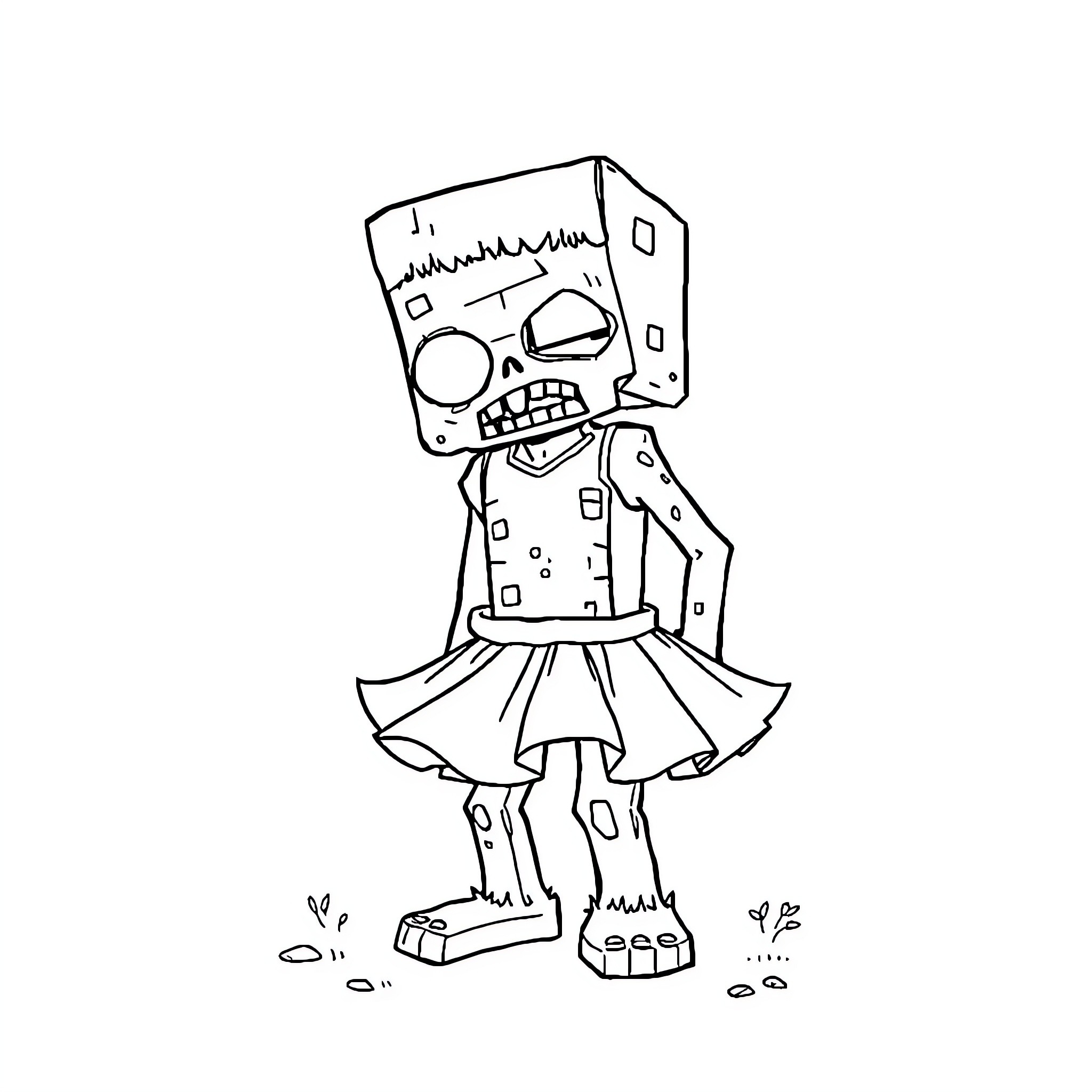 Zombie Girl in Tattered Dress Coloring Page (free black-and-white line drawing printable PDF for all, from beginners to advanced learners, including children, teens, adults, and seniors)
