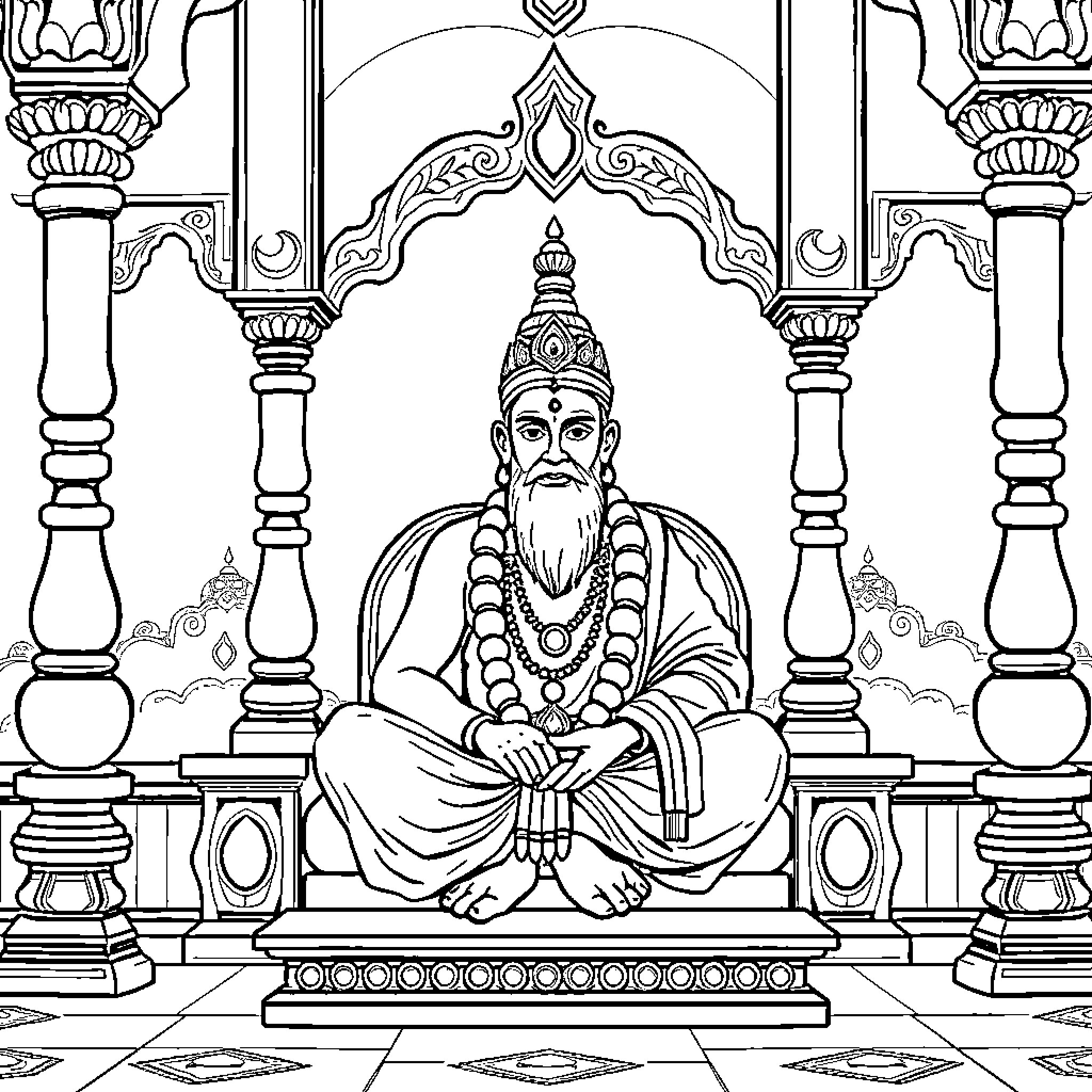 Shree Swami Samarth seated in a temple Coloring Page (free black-and-white line drawing printable PDF for all, from beginners to advanced learners, including children, teens, adults, and seniors)