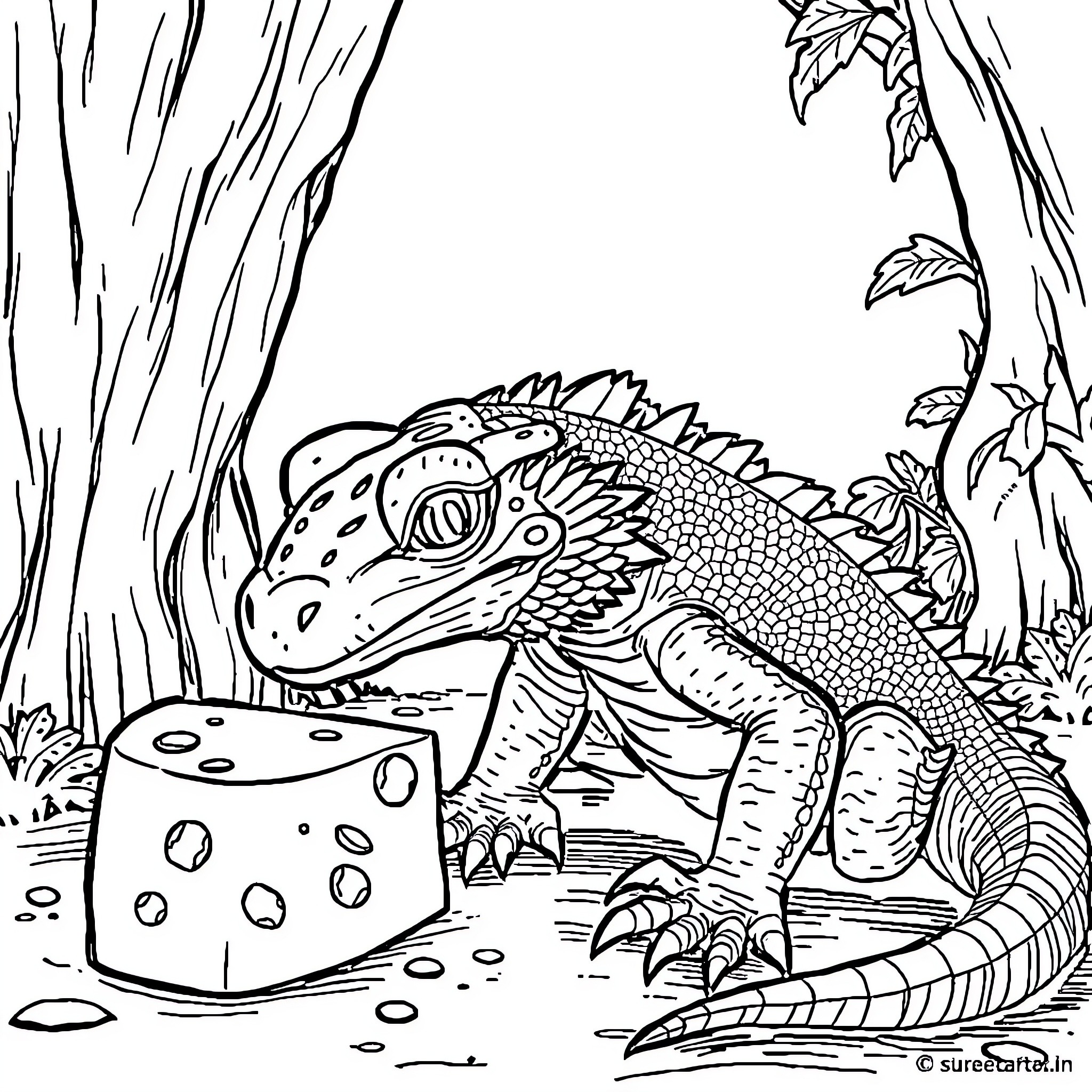 Komodo Dragon exploring its forest habitat Coloring Page (free black-and-white line drawing printable PDF for all, from beginners to advanced learners, including children, teens, adults, and seniors)