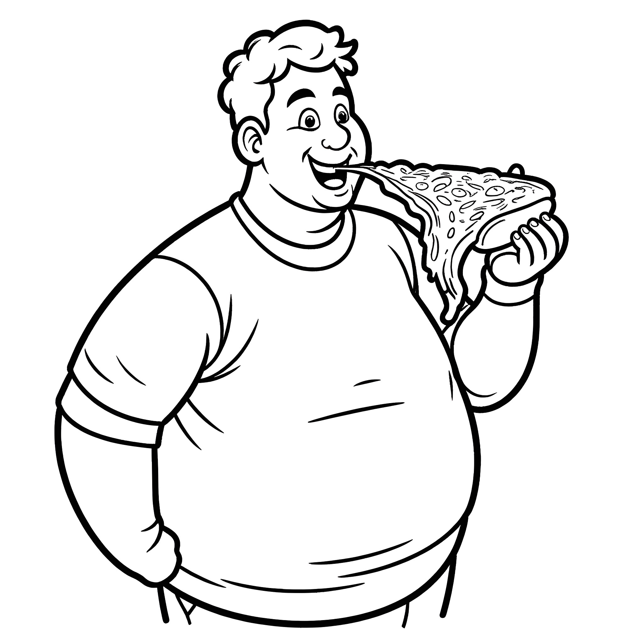 Man enjoying a large pizza slice happily Coloring Page (free black-and-white line drawing printable PDF for all, from beginners to advanced learners, including children, teens, adults, and seniors)
