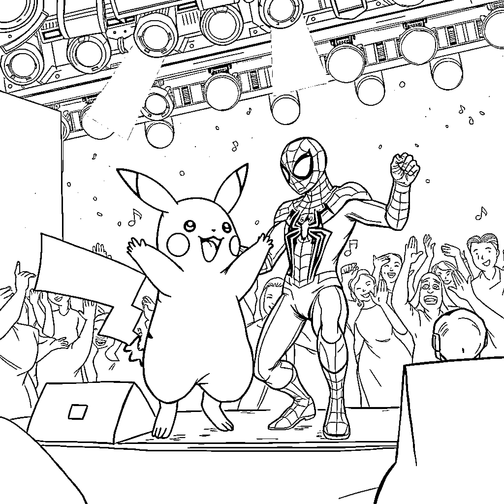 Pikachu and Spider-Man's concert performance Coloring Page (free black-and-white line drawing printable PDF for all, from beginners to advanced learners, including children, teens, adults, and seniors)