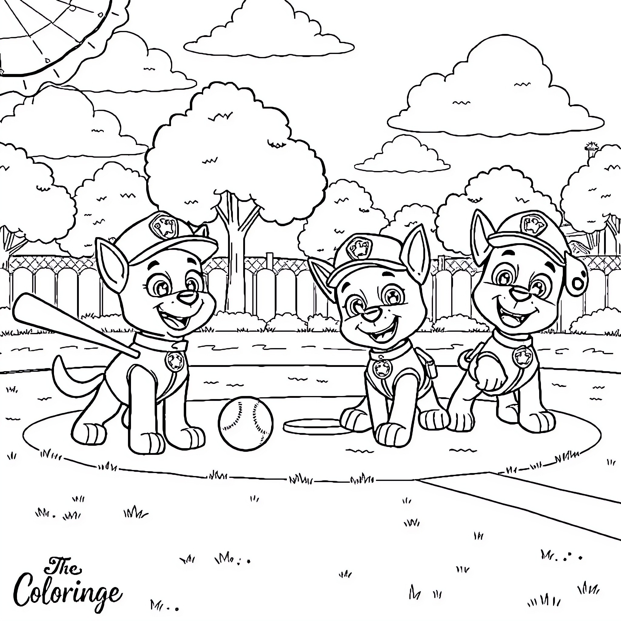 Paw Patrol pups playing in the park Coloring Page (free black-and-white line drawing printable PDF for all, from beginners to advanced learners, including children, teens, adults, and seniors)