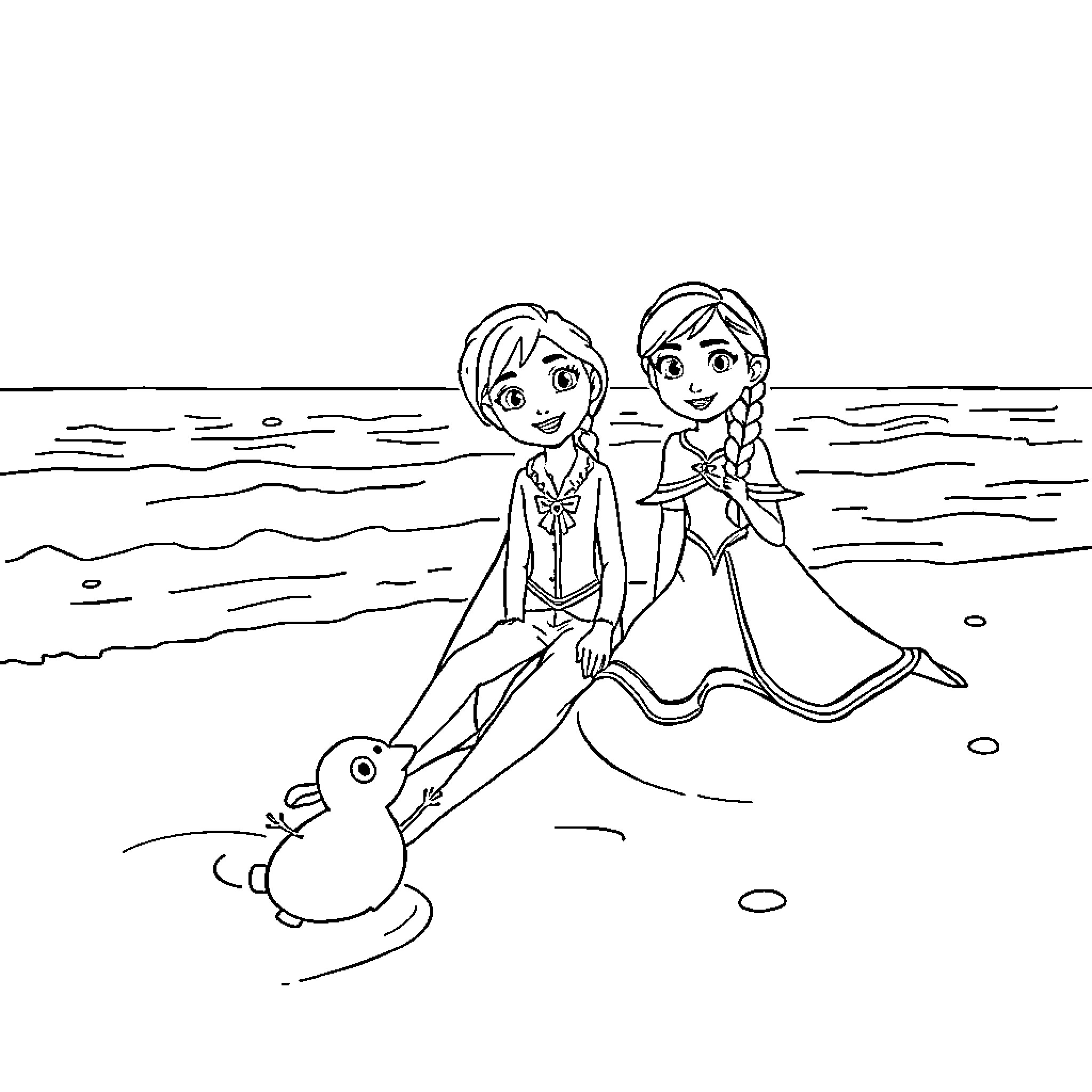 Frozen sisters playing with a plush toy on the beach Coloring Page (free black-and-white line drawing printable PDF for all, from beginners to advanced learners, including children, teens, adults, and seniors)