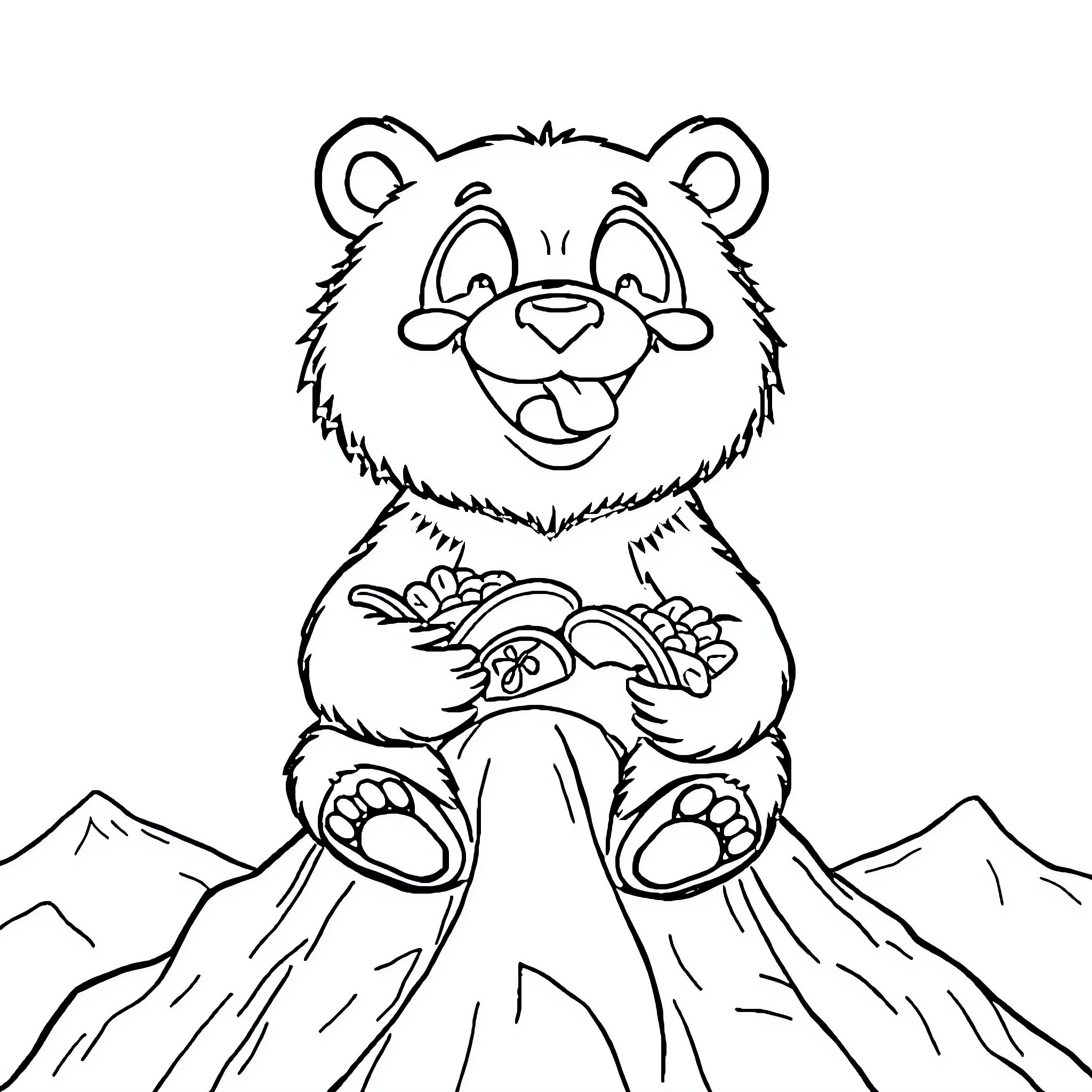 Bear enjoying nature in the mountains Coloring Page (free black-and-white line drawing printable PDF for all, from beginners to advanced learners, including children, teens, adults, and seniors)