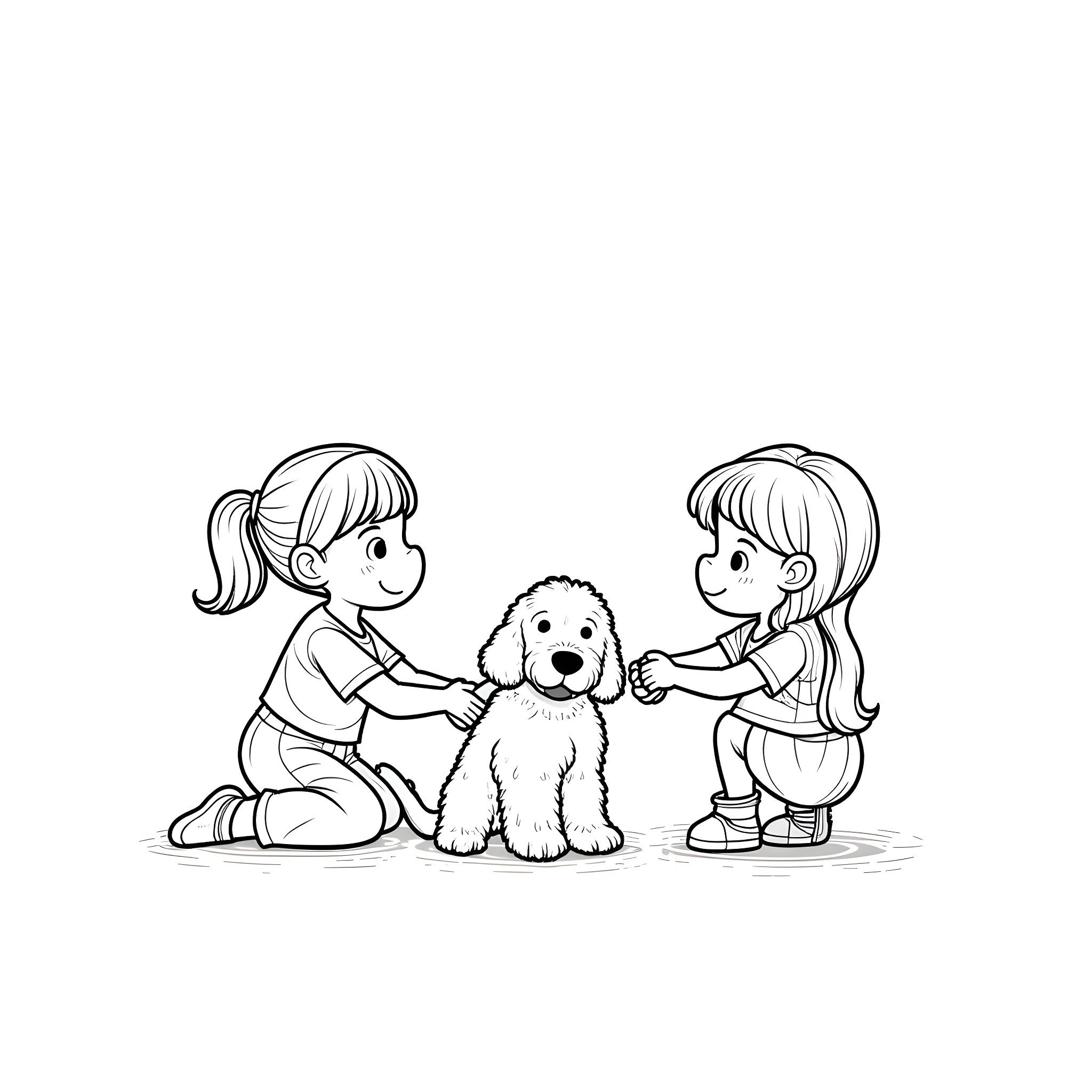 Girl playing with puppy and friend Coloring Page (free black-and-white line drawing printable PDF for all, from beginners to advanced learners, including children, teens, adults, and seniors)