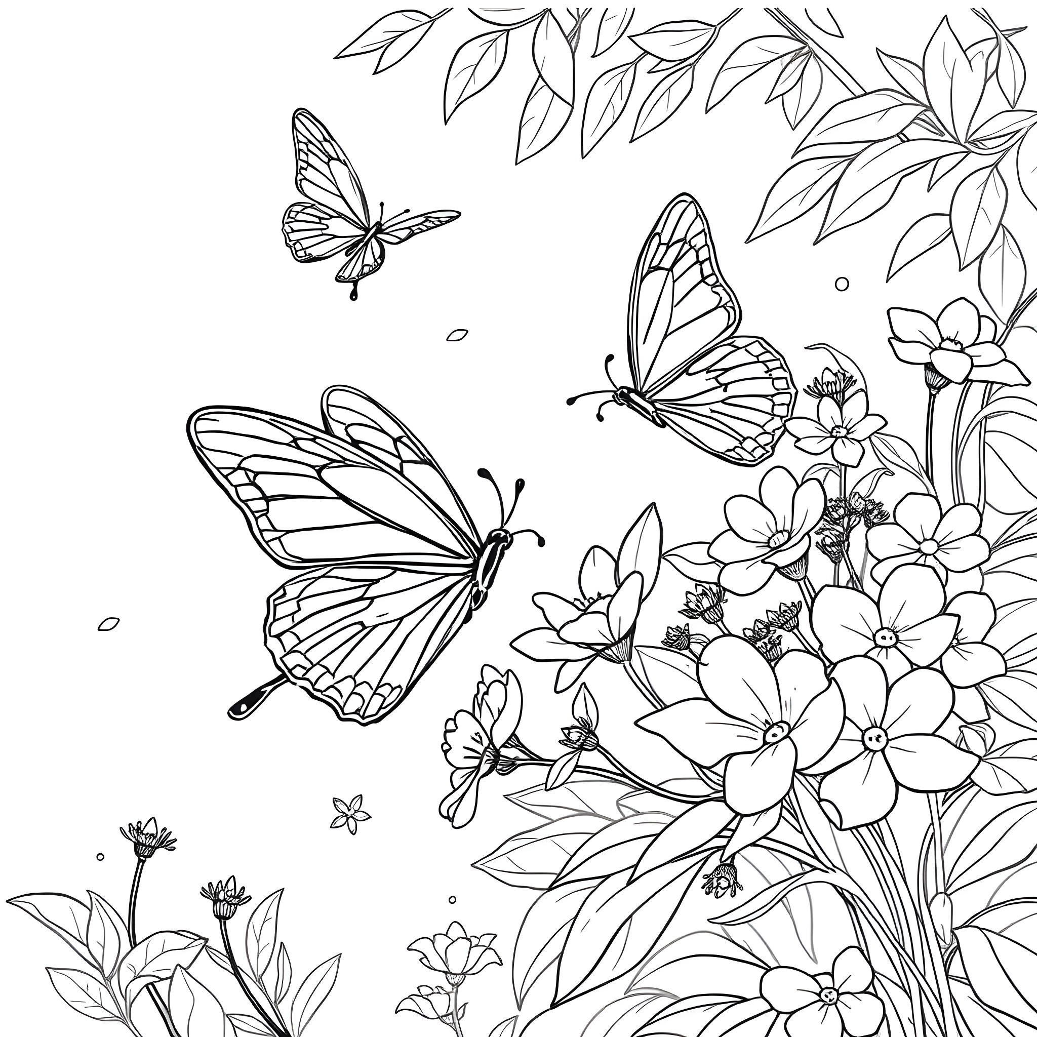 Butterfly Dance in Floral Wonderland Coloring Page (free black-and-white line drawing printable PDF for all, from beginners to advanced learners, including children, teens, adults, and seniors)