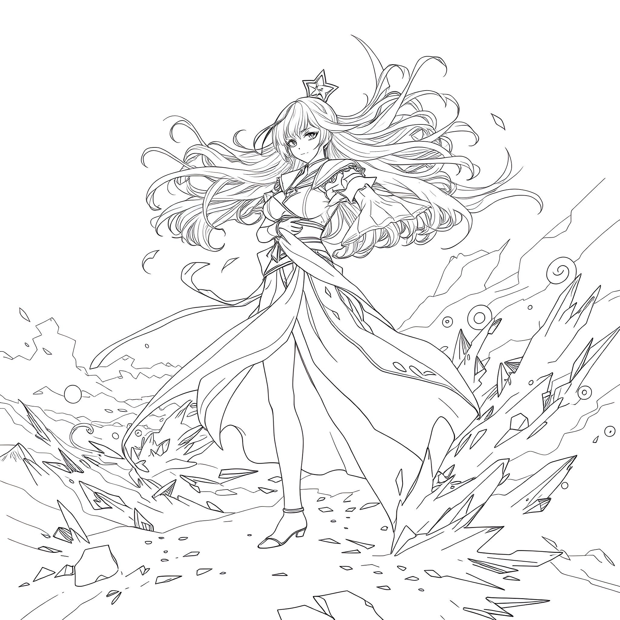Kamisato Ayaka in an epic fantasy scene Coloring Page (free black-and-white line drawing printable PDF for all, from beginners to advanced learners, including children, teens, adults, and seniors)
