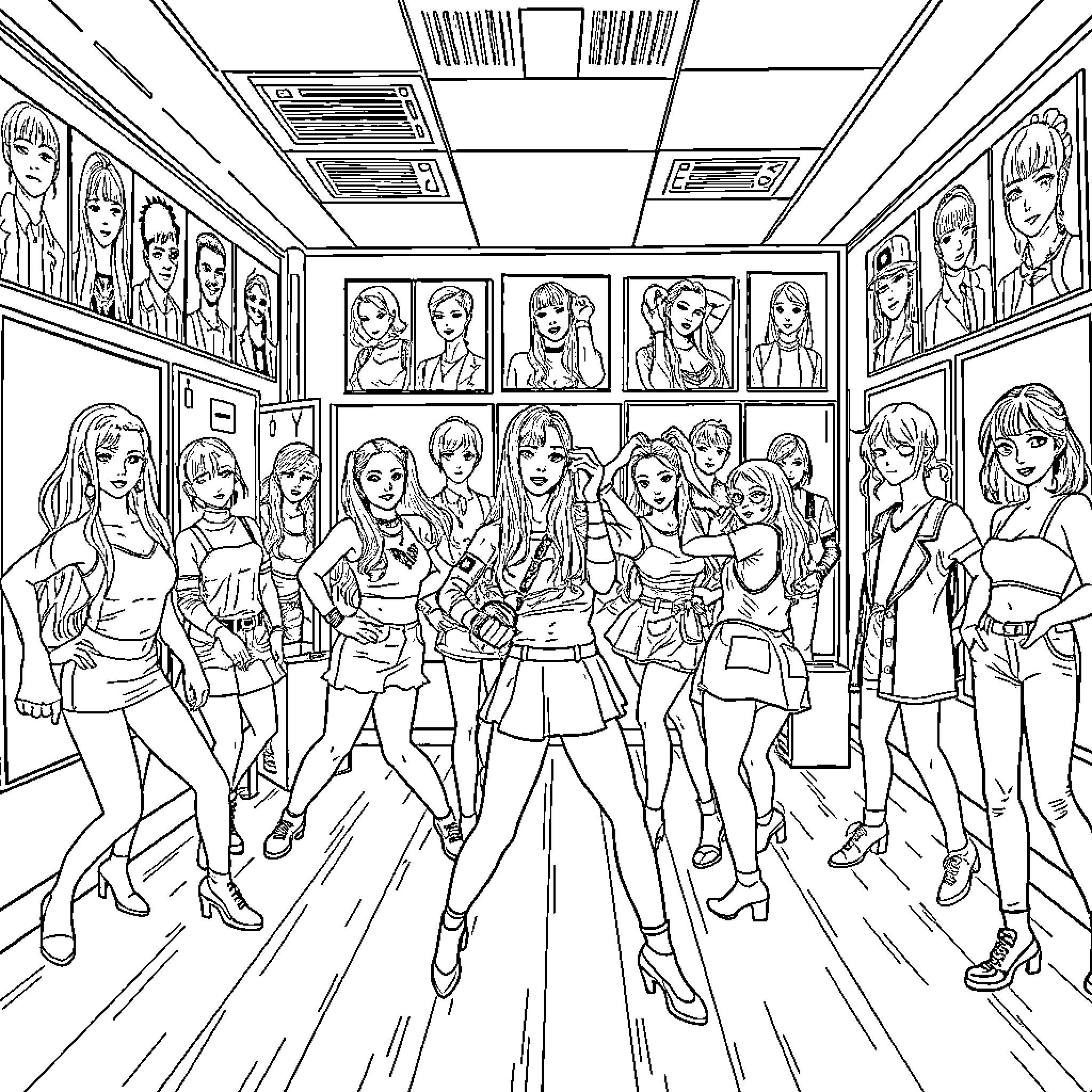 Kpop Stars Posing Stylishly in a Dance Studio Coloring Page (free black-and-white line drawing printable PDF for all, from beginners to advanced learners, including children, teens, adults, and seniors)
