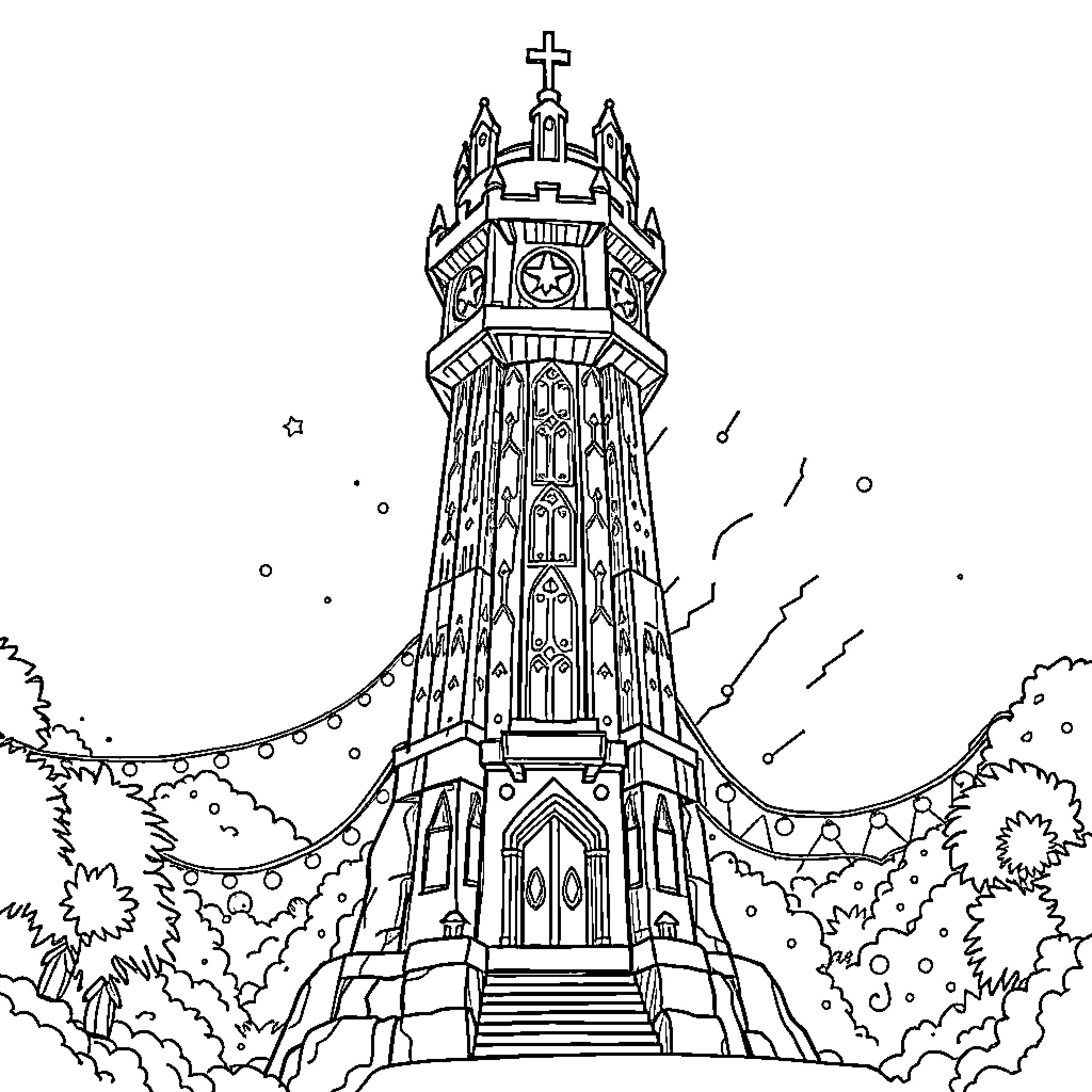 Mr Beast's Magnificent Gothic Cathedral in the Forest Coloring Page (free black-and-white line drawing printable PDF for all, from beginners to advanced learners, including children, teens, adults, and seniors)