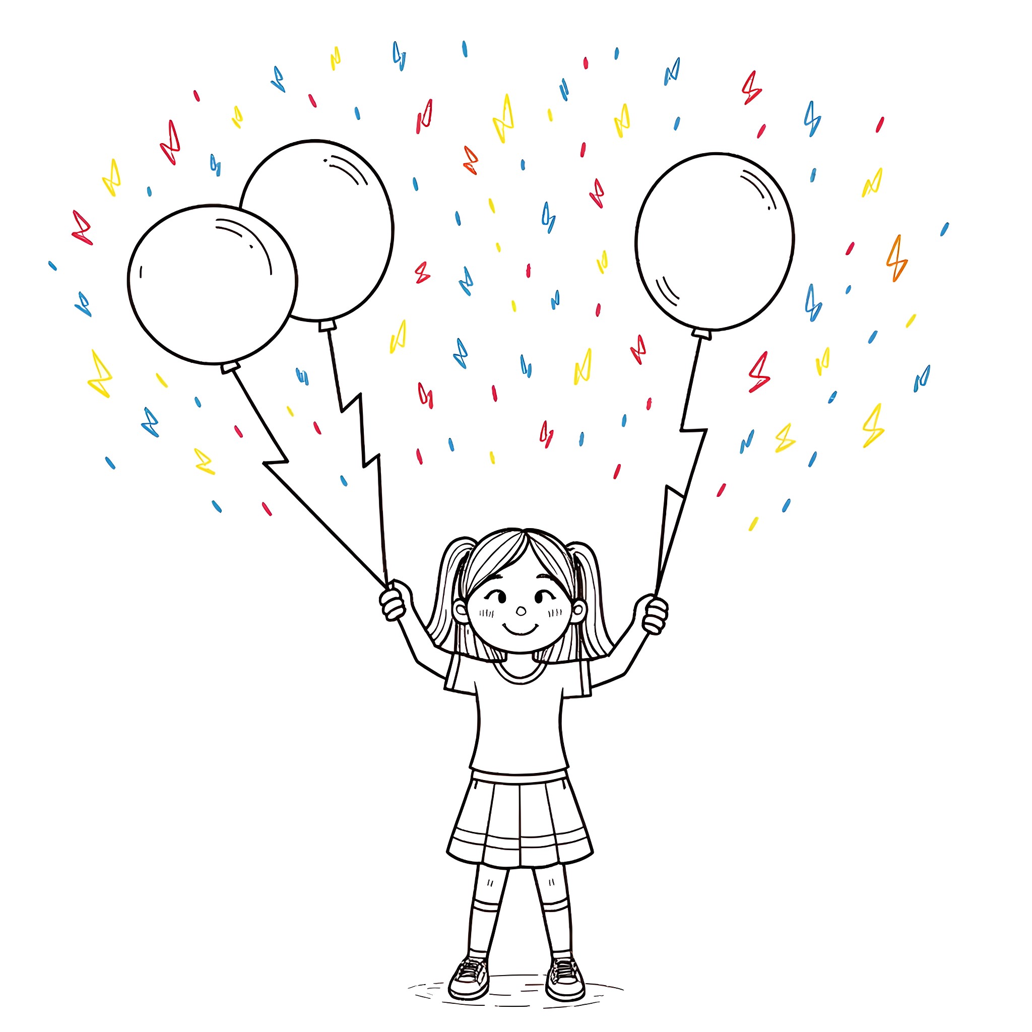 Girl celebrating with colorful balloons Coloring Page (free black-and-white line drawing printable PDF for all, from beginners to advanced learners, including children, teens, adults, and seniors)