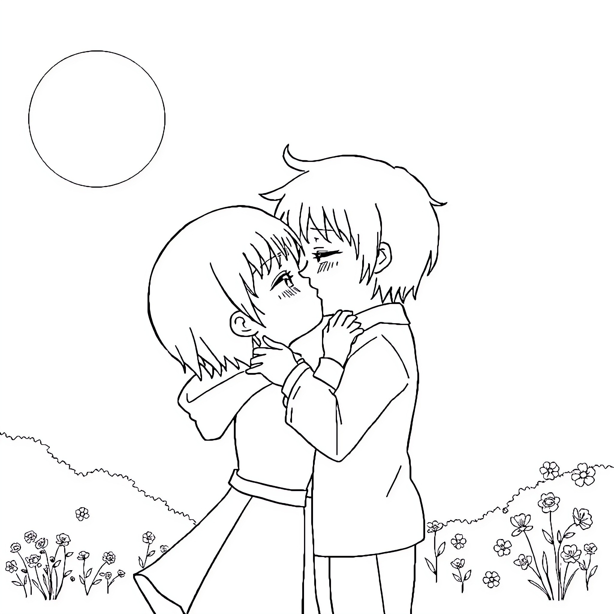 Hanako-kun's close embrace under the moonlight Coloring Page (free black-and-white line drawing printable PDF for all, from beginners to advanced learners, including children, teens, adults, and seniors)