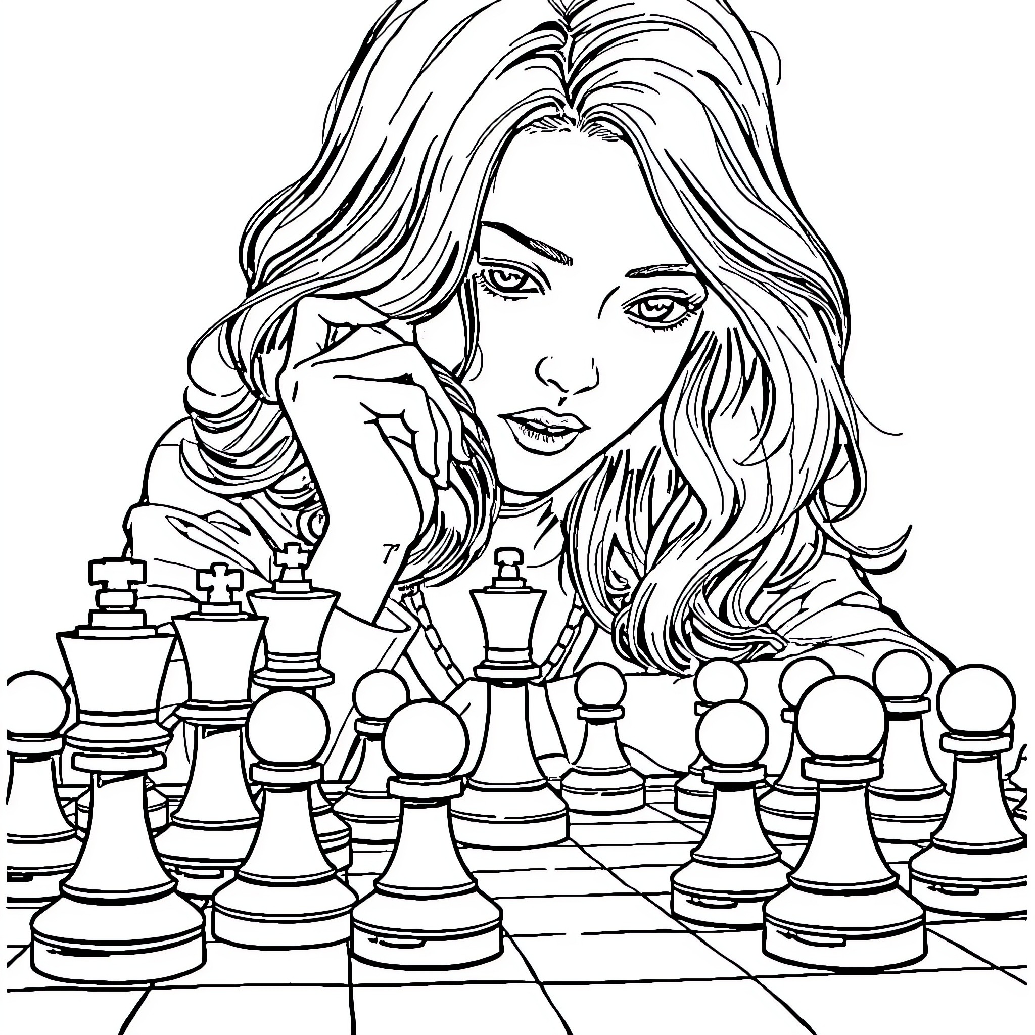 Rika Furude contemplating a game of chess Coloring Page (free black-and-white line drawing printable PDF for all, from beginners to advanced learners, including children, teens, adults, and seniors)