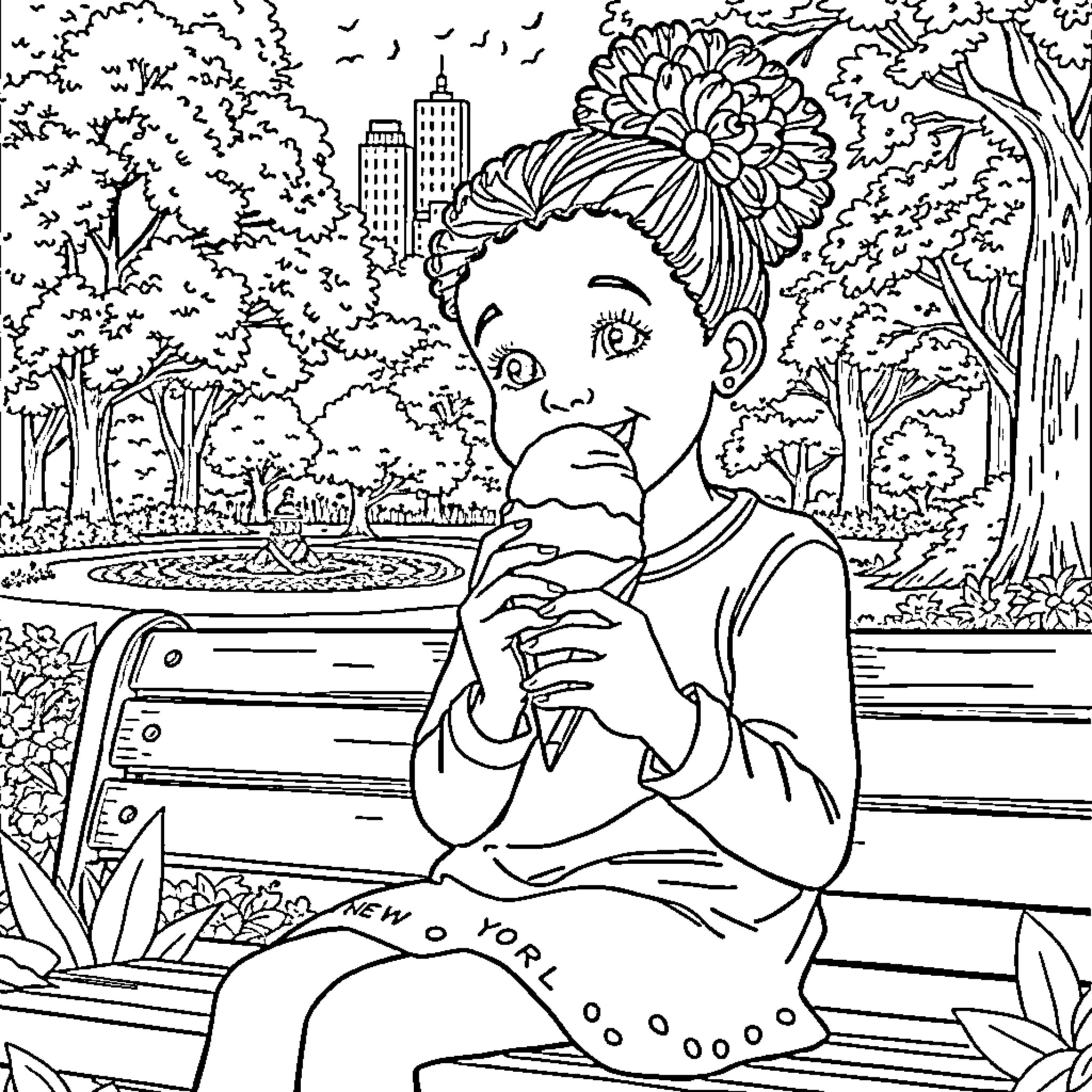 Girl enjoying ice cream in the park Coloring Page (free black-and-white line drawing printable PDF for all, from beginners to advanced learners, including children, teens, adults, and seniors)
