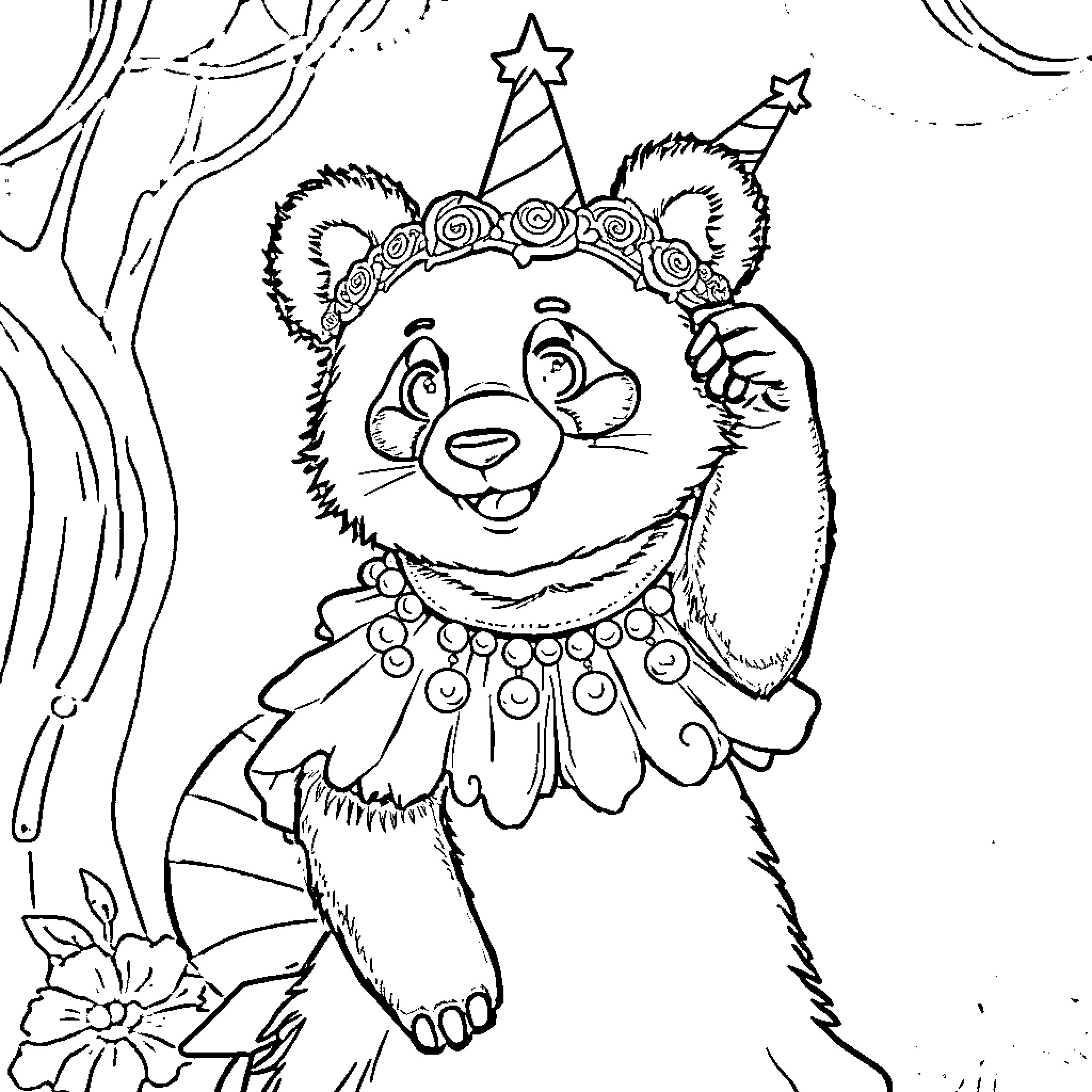 Panda bear celebrating with party hat and accessories Coloring Page (free black-and-white line drawing printable PDF for all, from beginners to advanced learners, including children, teens, adults, and seniors)