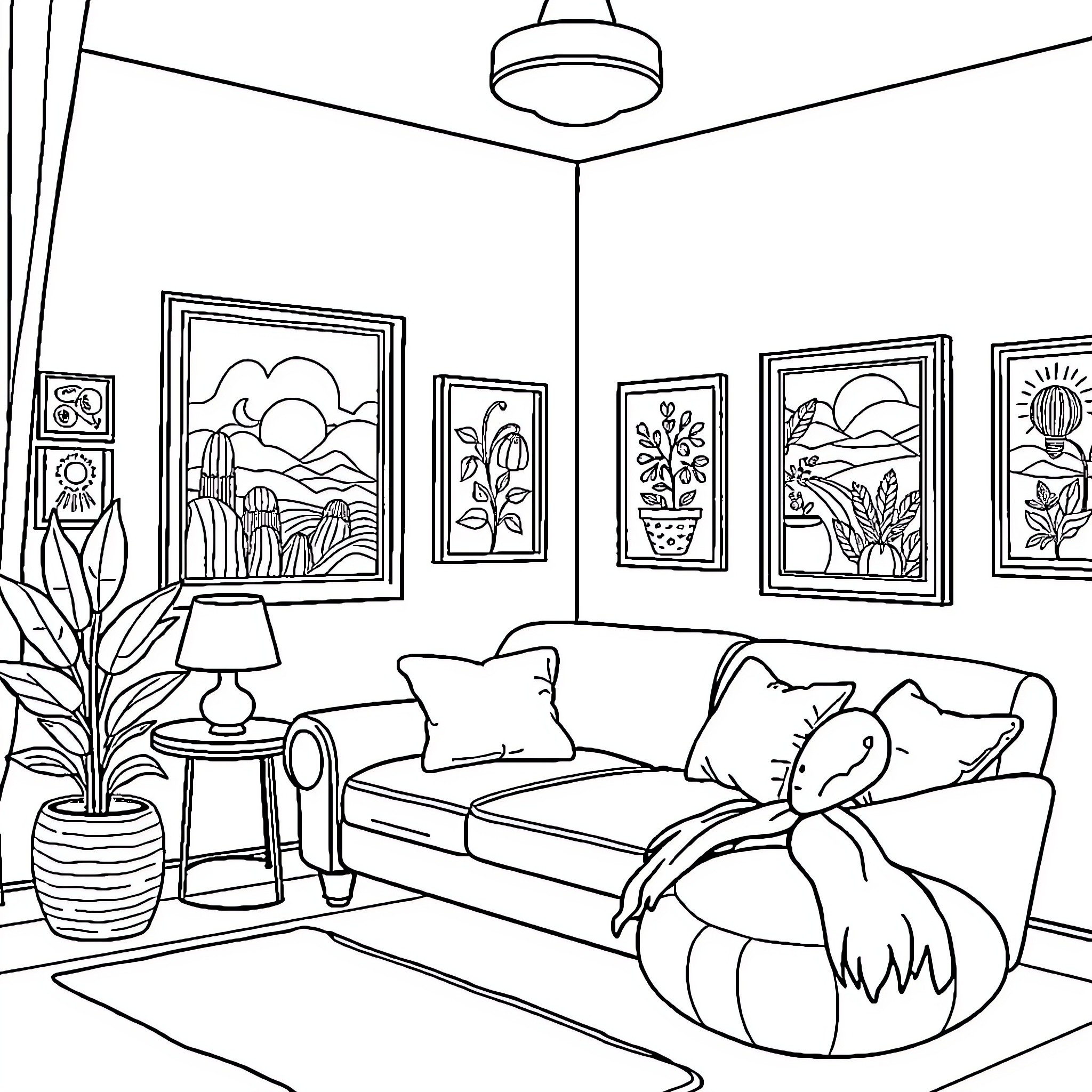 Therapy Room with Artistic Decor Coloring Page (free black-and-white line drawing printable PDF for all, from beginners to advanced learners, including children, teens, adults, and seniors)