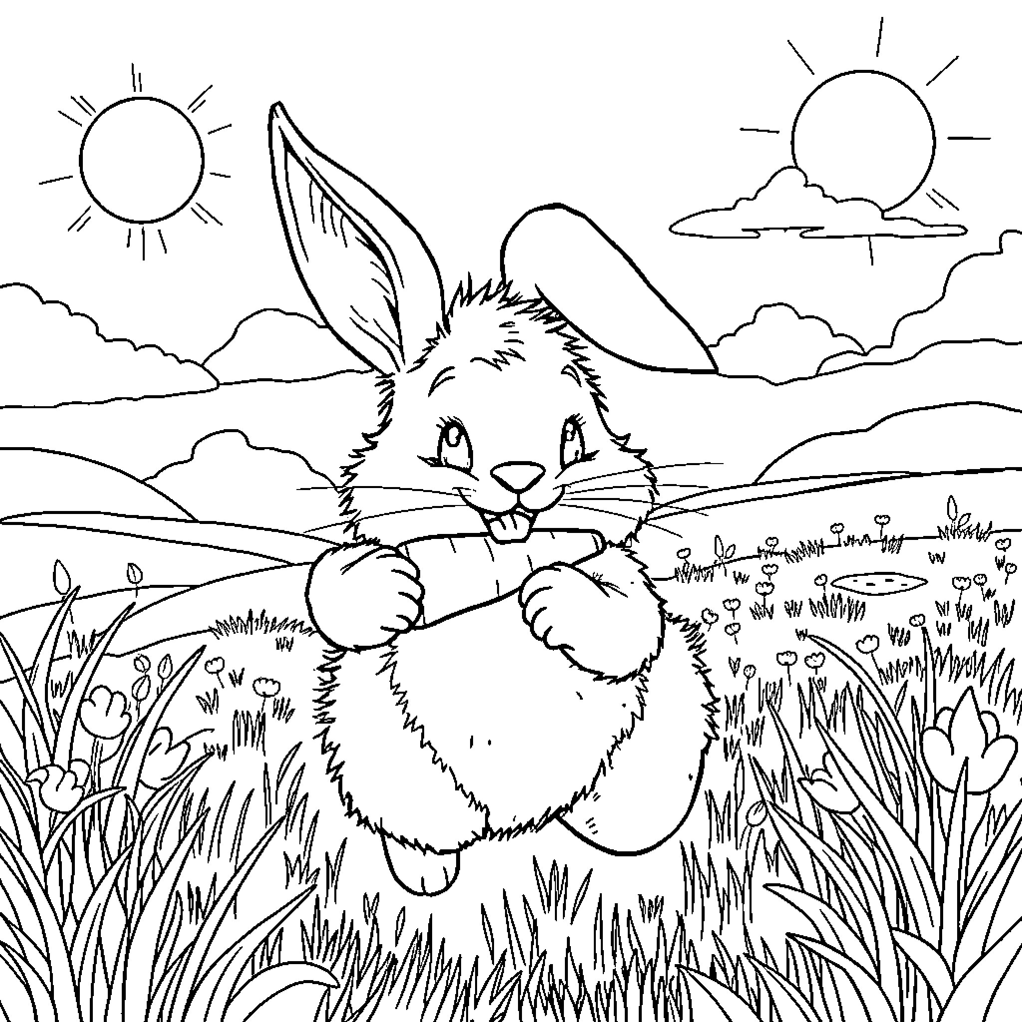 Bunny enjoying a sunny day in the meadow Coloring Page (free black-and-white line drawing printable PDF for all, from beginners to advanced learners, including children, teens, adults, and seniors)