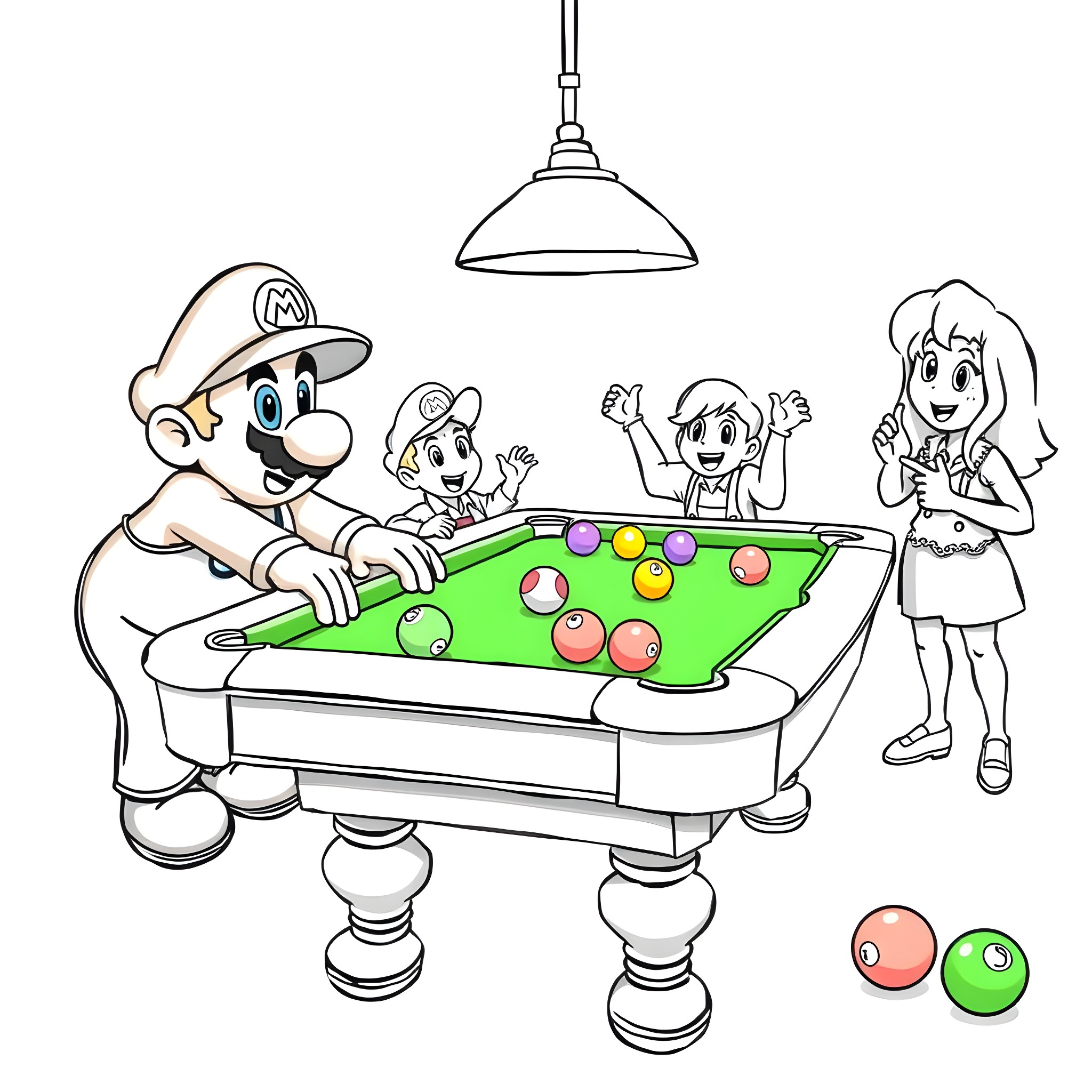 Mario and friends playing pool together Coloring Page (free black-and-white line drawing printable PDF for all, from beginners to advanced learners, including children, teens, adults, and seniors)