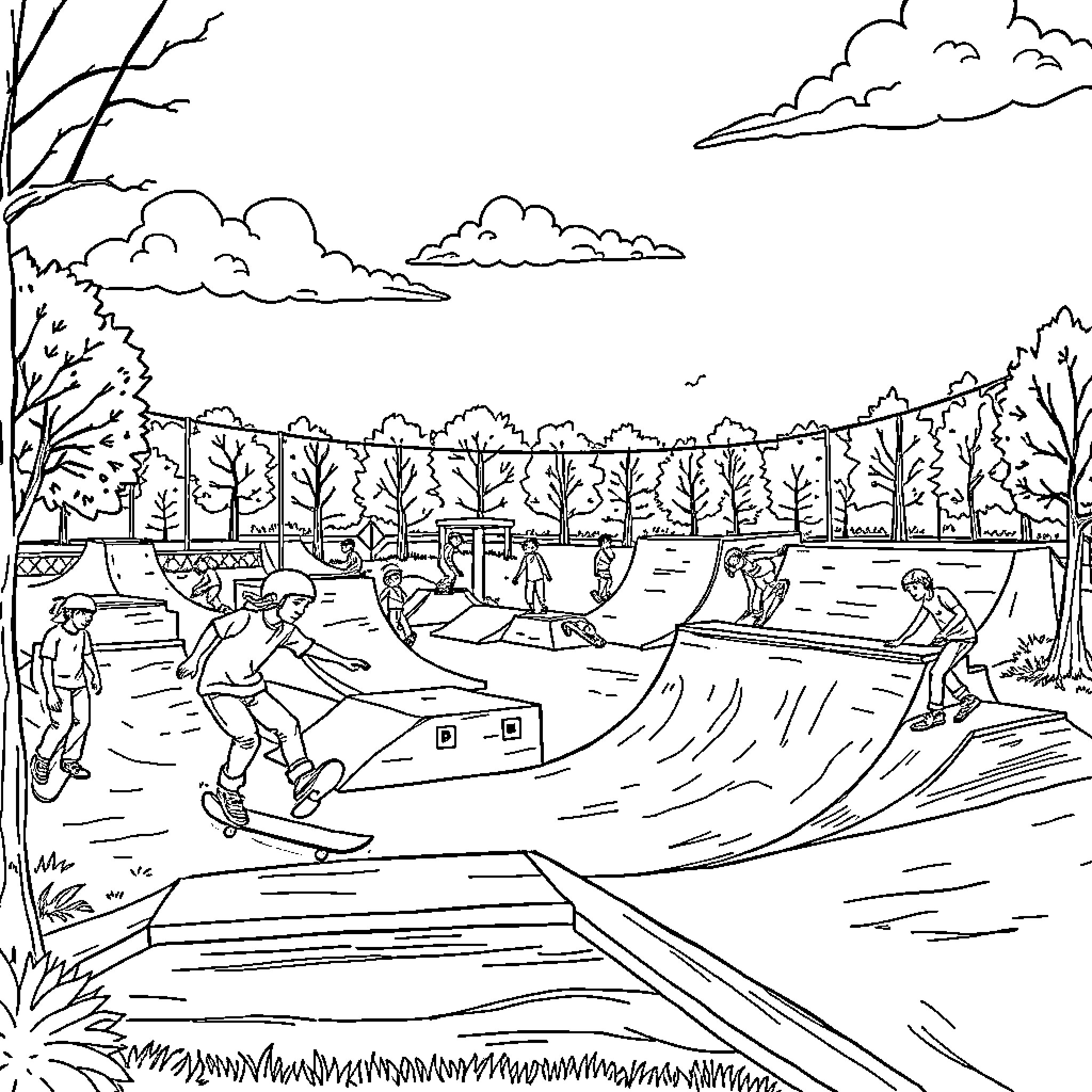 Skate park with riders performing tricks Coloring Page (free black-and-white line drawing printable PDF for all, from beginners to advanced learners, including children, teens, adults, and seniors)
