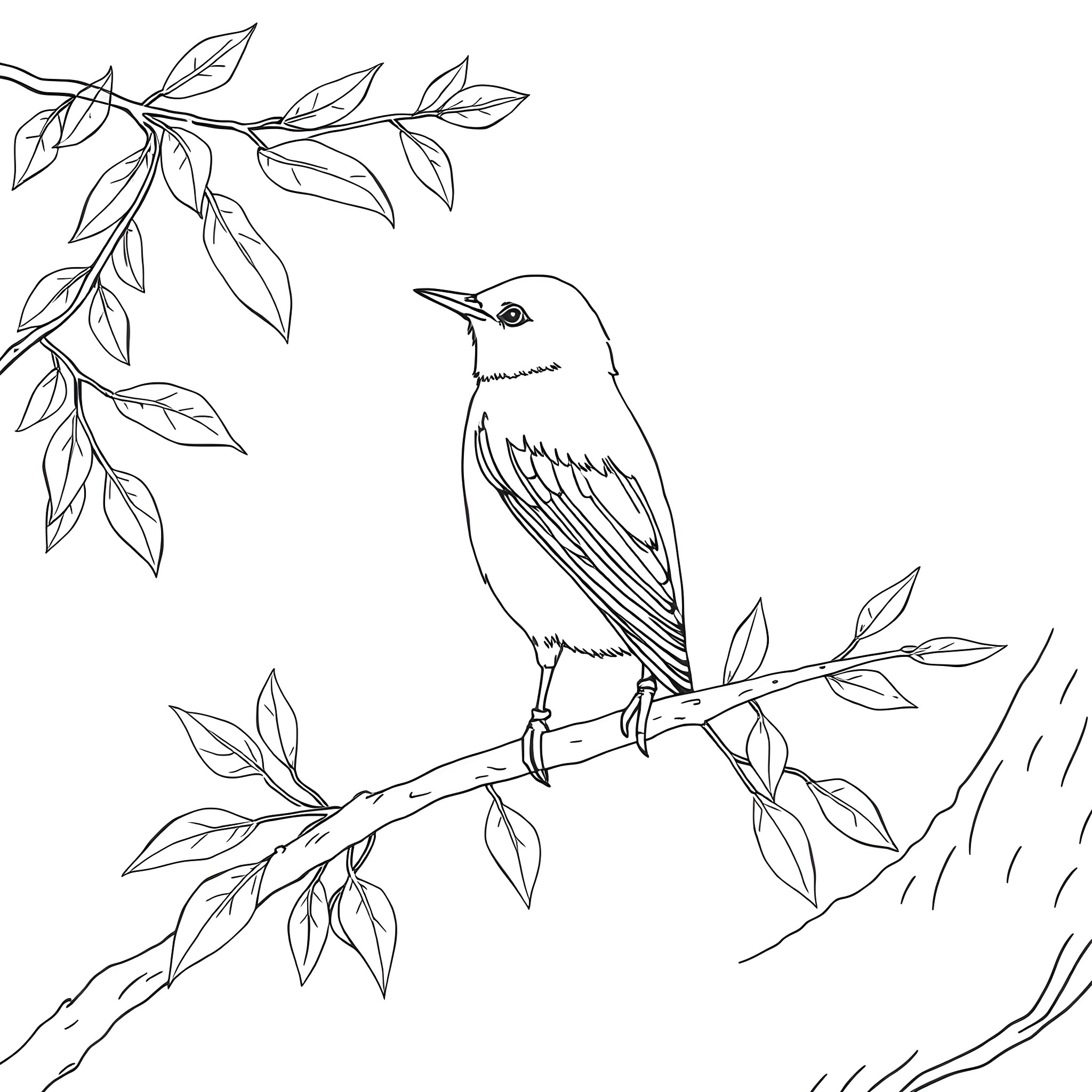Emberiza bird perched on a leafy branch Coloring Page (free black-and-white line drawing printable PDF for all, from beginners to advanced learners, including children, teens, adults, and seniors)