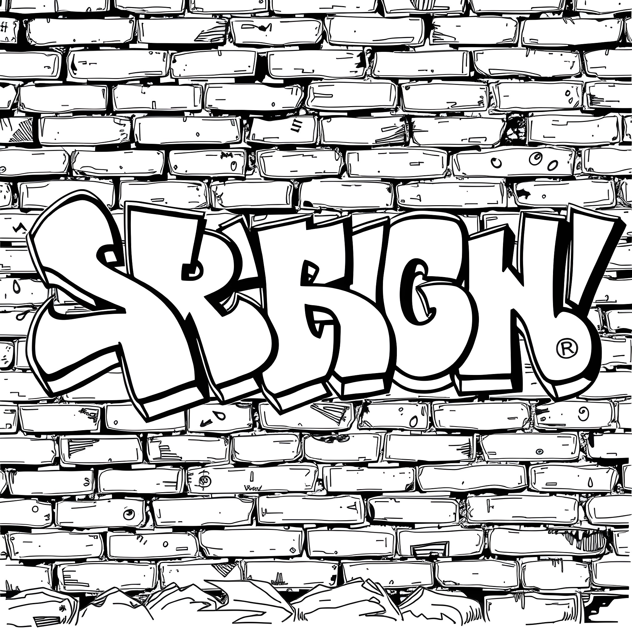 Graffiti on a brick wall with stylized text Coloring Page (free black-and-white line drawing printable PDF for all, from beginners to advanced learners, including children, teens, adults, and seniors)