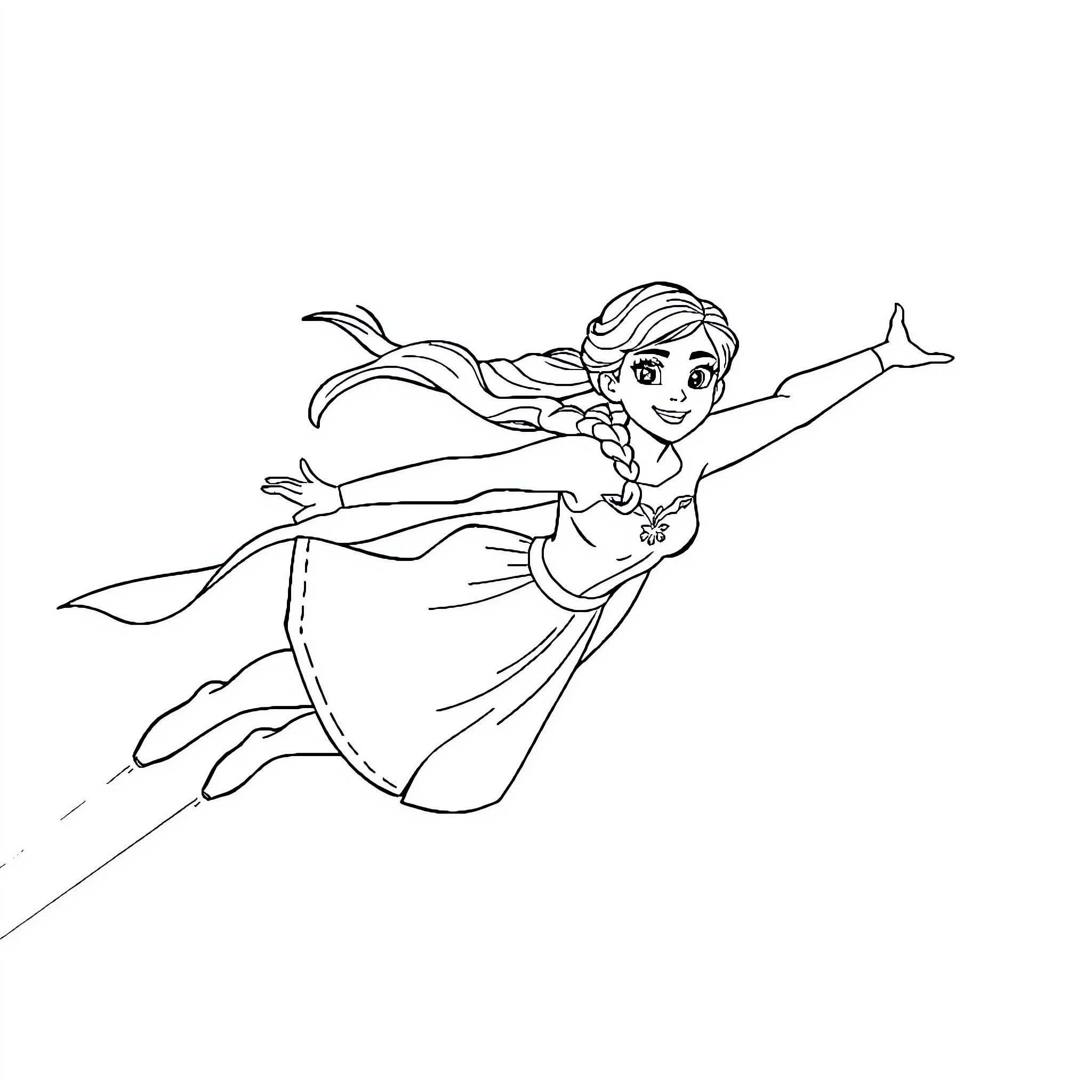 Princess Anna soaring through the sky with joy Coloring Page (free black-and-white line drawing printable PDF for all, from beginners to advanced learners, including children, teens, adults, and seniors)