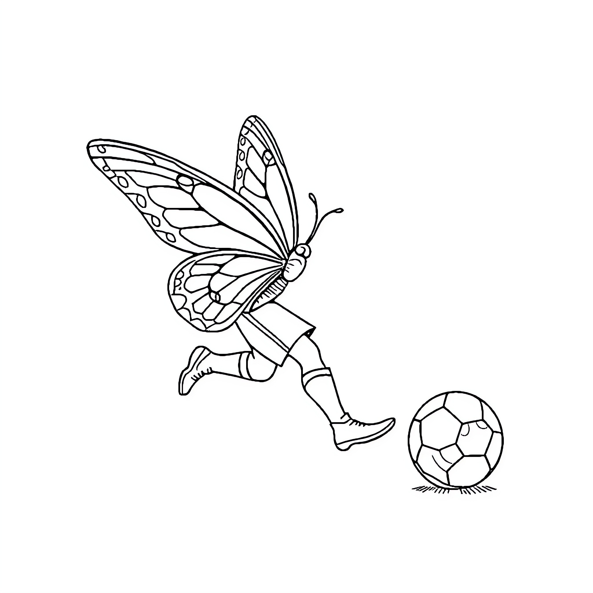 Butterfly soccer player kicking the ball Coloring Page (free black-and-white line drawing printable PDF for all, from beginners to advanced learners, including children, teens, adults, and seniors)