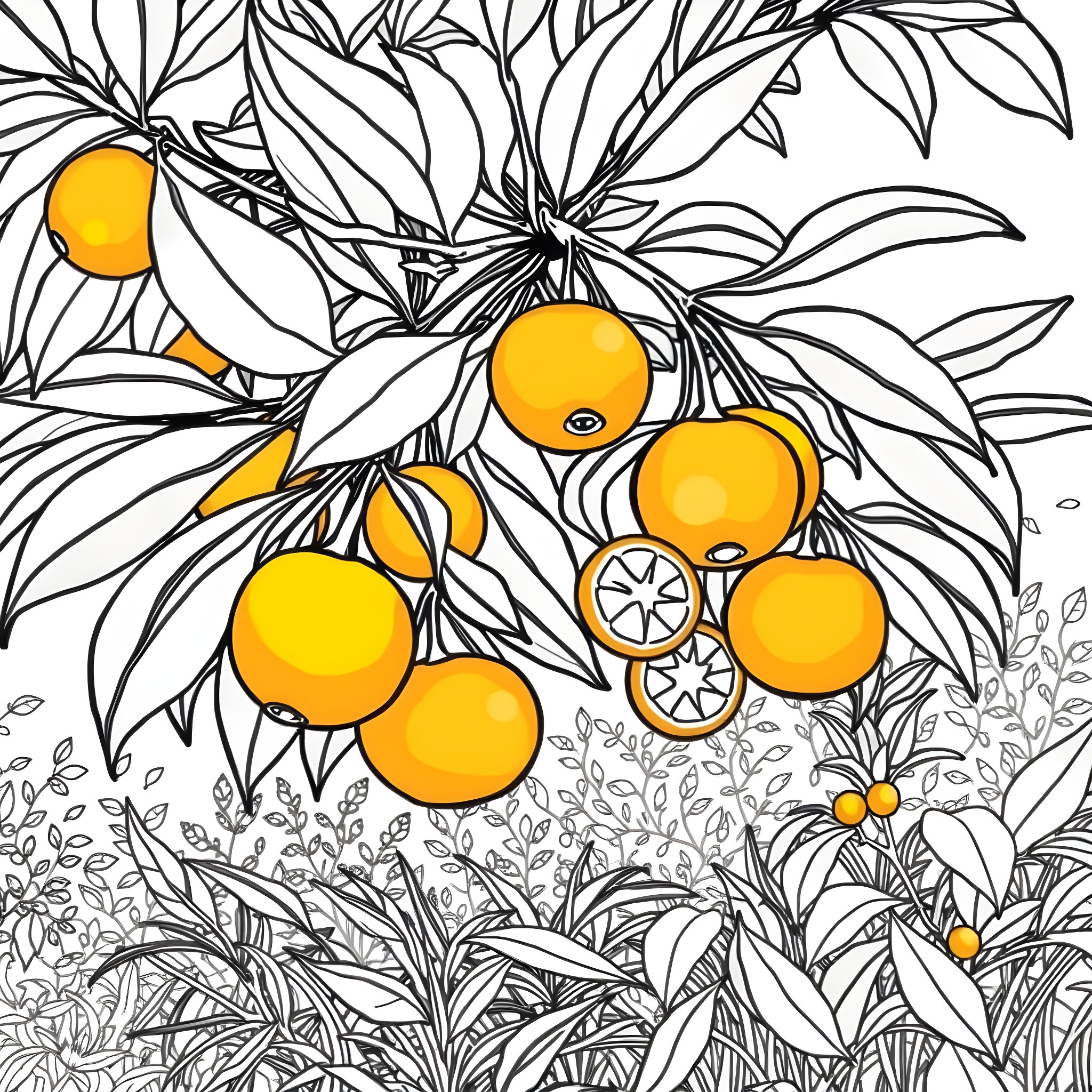 Cherry Orange Fruit Garden with Vibrant Accents Coloring Page (free black-and-white line drawing printable PDF for all, from beginners to advanced learners, including children, teens, adults, and seniors)