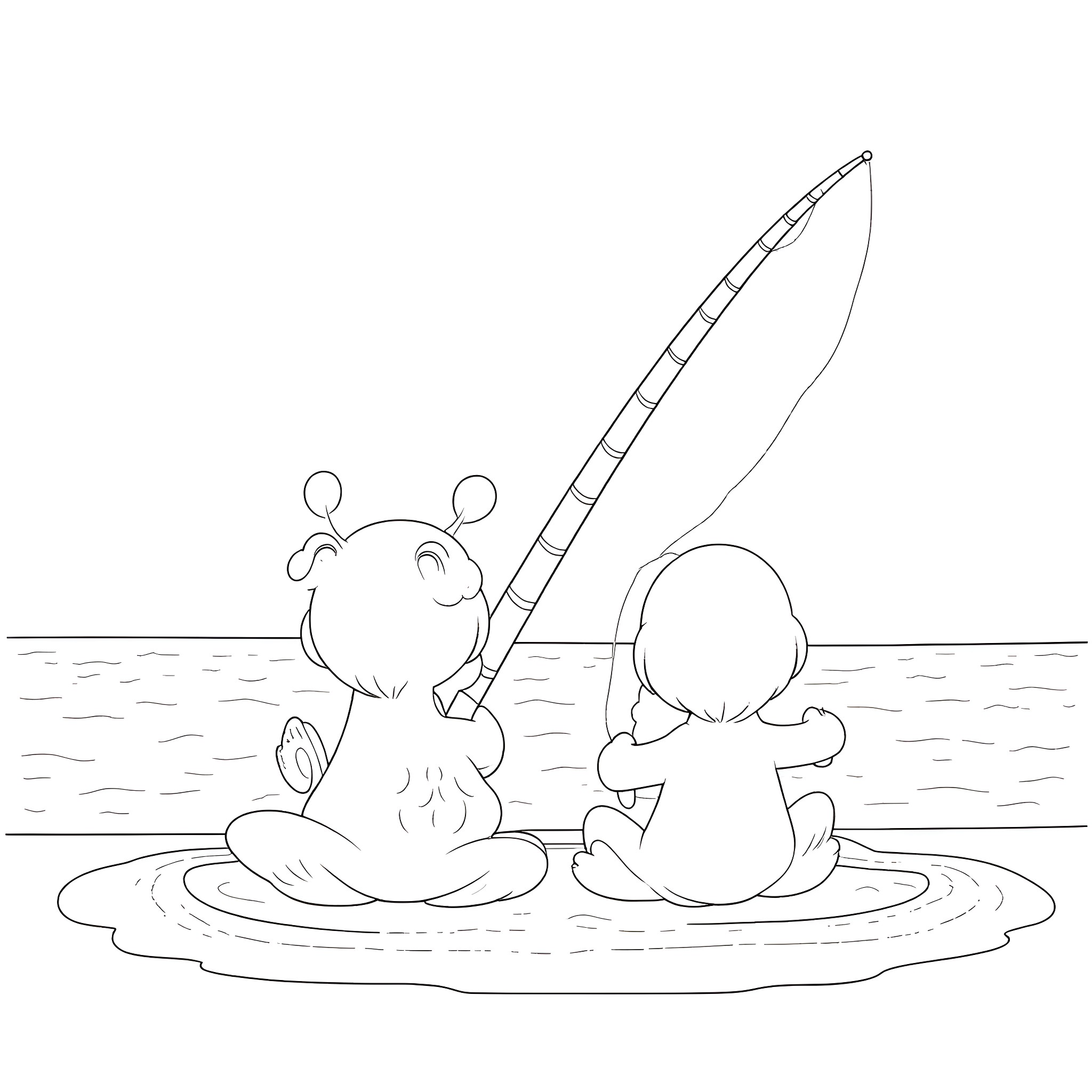 Bluey and friend fishing by the pond Coloring Page (free black-and-white line drawing printable PDF for all, from beginners to advanced learners, including children, teens, adults, and seniors)