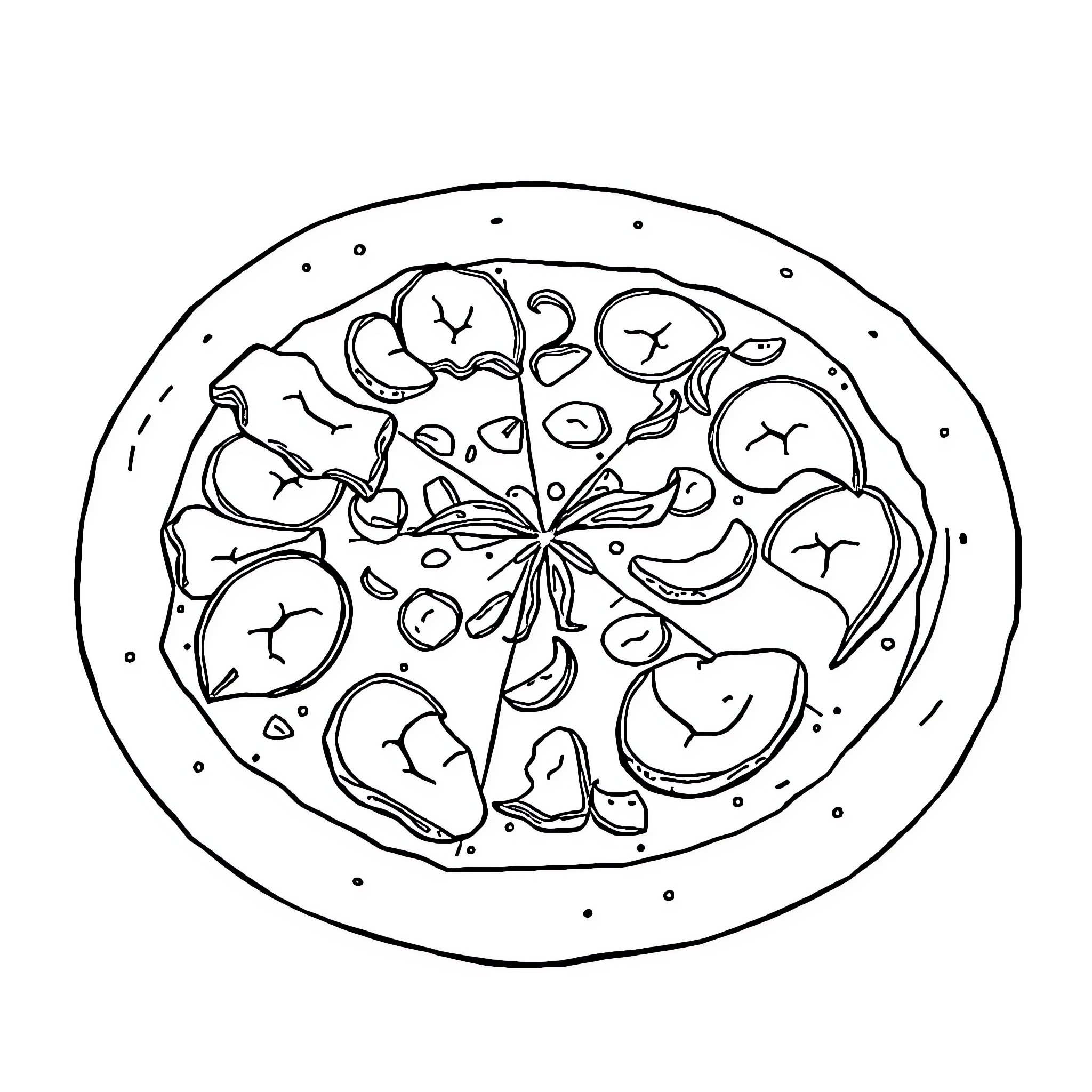 Pizza with various toppings on a plate Coloring Page (free black-and-white line drawing printable PDF for all, from beginners to advanced learners, including children, teens, adults, and seniors)