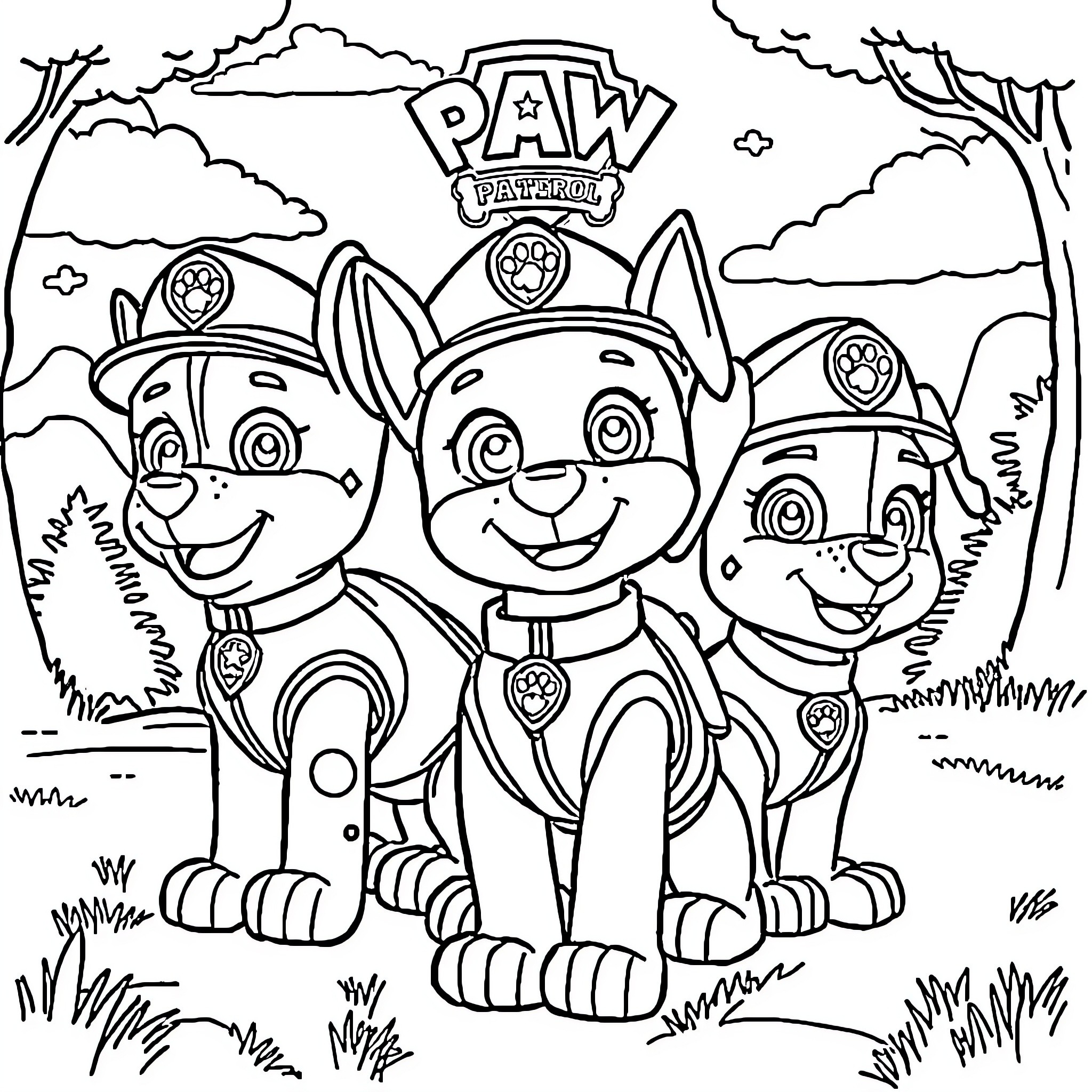 Paw Patrol pups in action in the outdoors Coloring Page (free black-and-white line drawing printable PDF for all, from beginners to advanced learners, including children, teens, adults, and seniors)